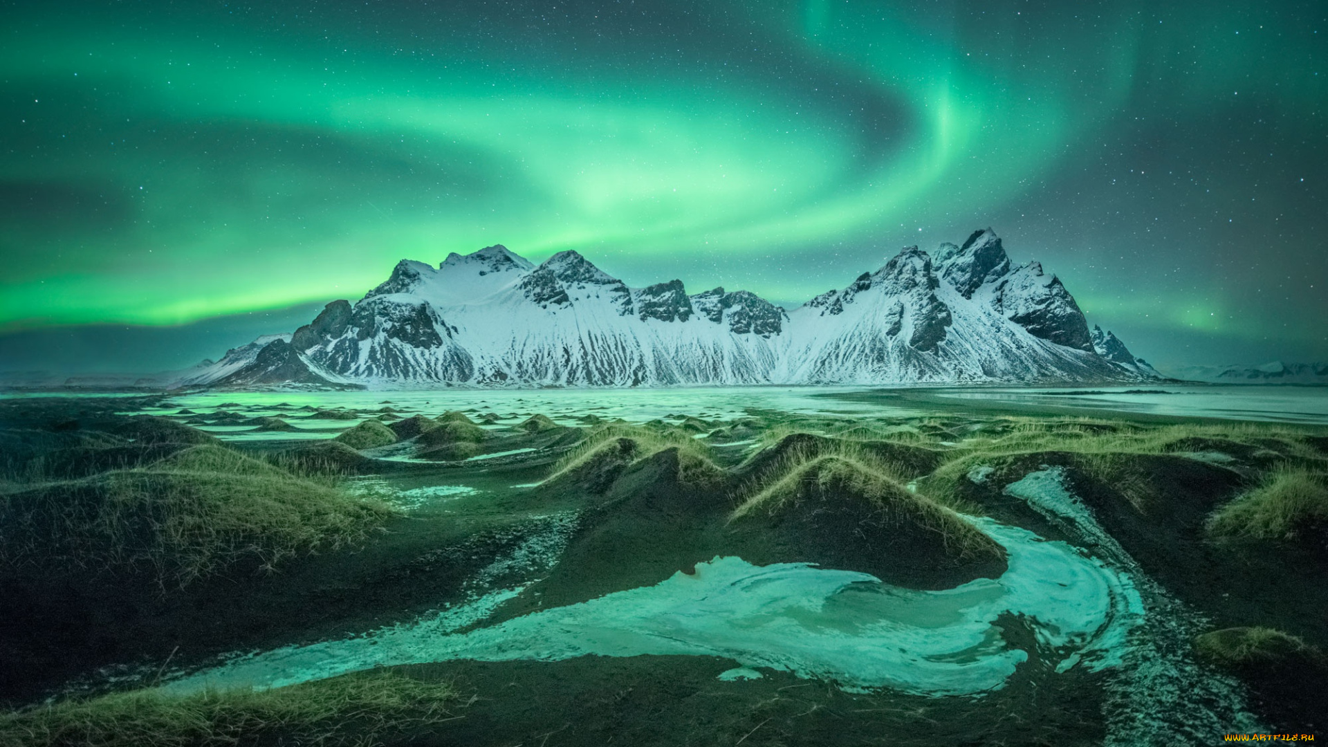 природа, северное, сияние, гора, сияние, исландия