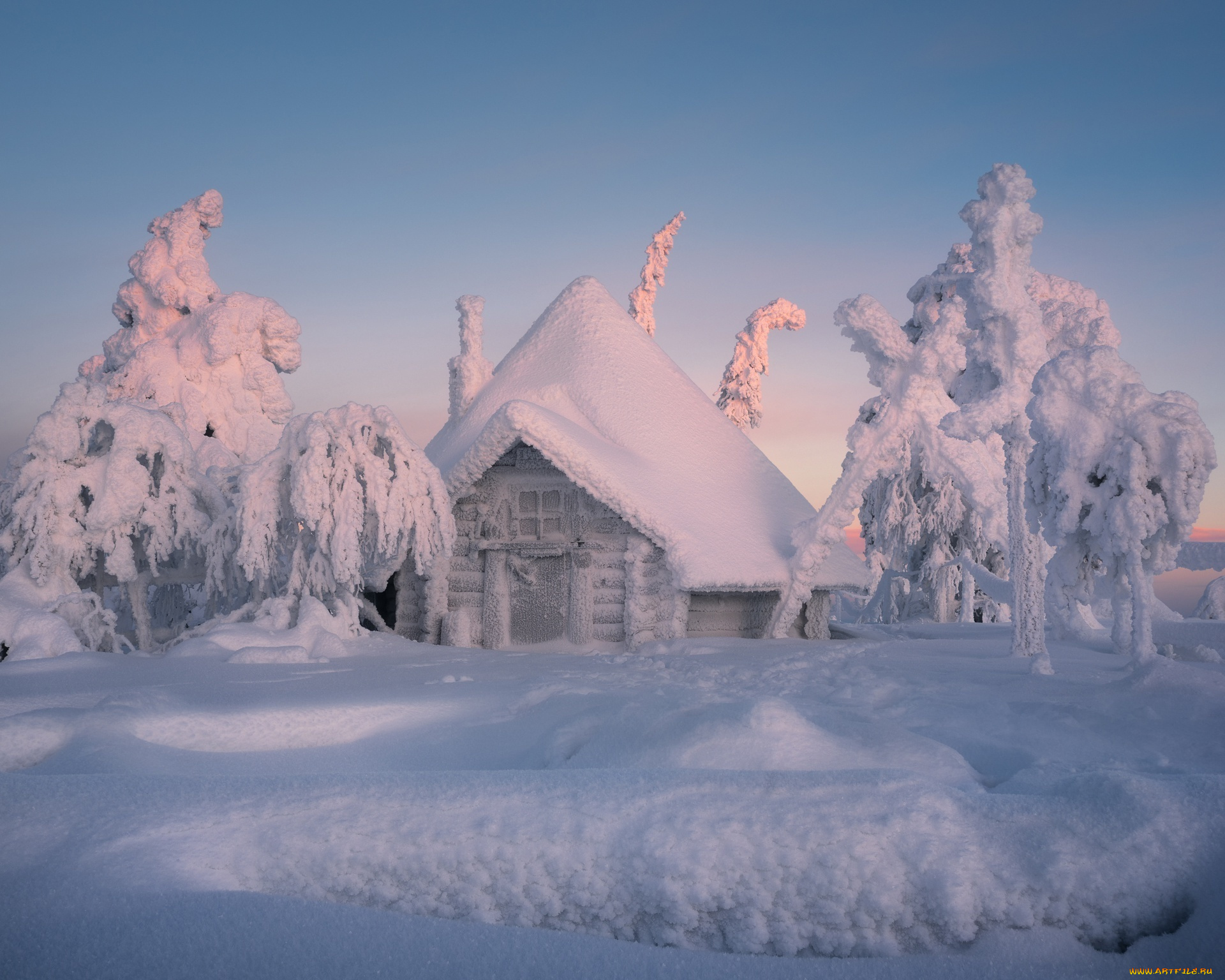природа, зима, снег, деревья, избушка, сугробы, домик, финляндия, лапландия