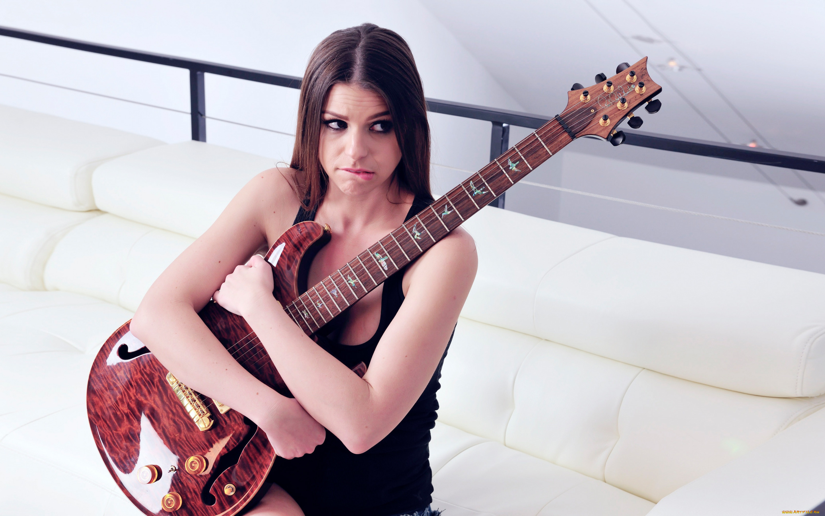 музыка, -другое, девушка, взгляд, фон, гитара