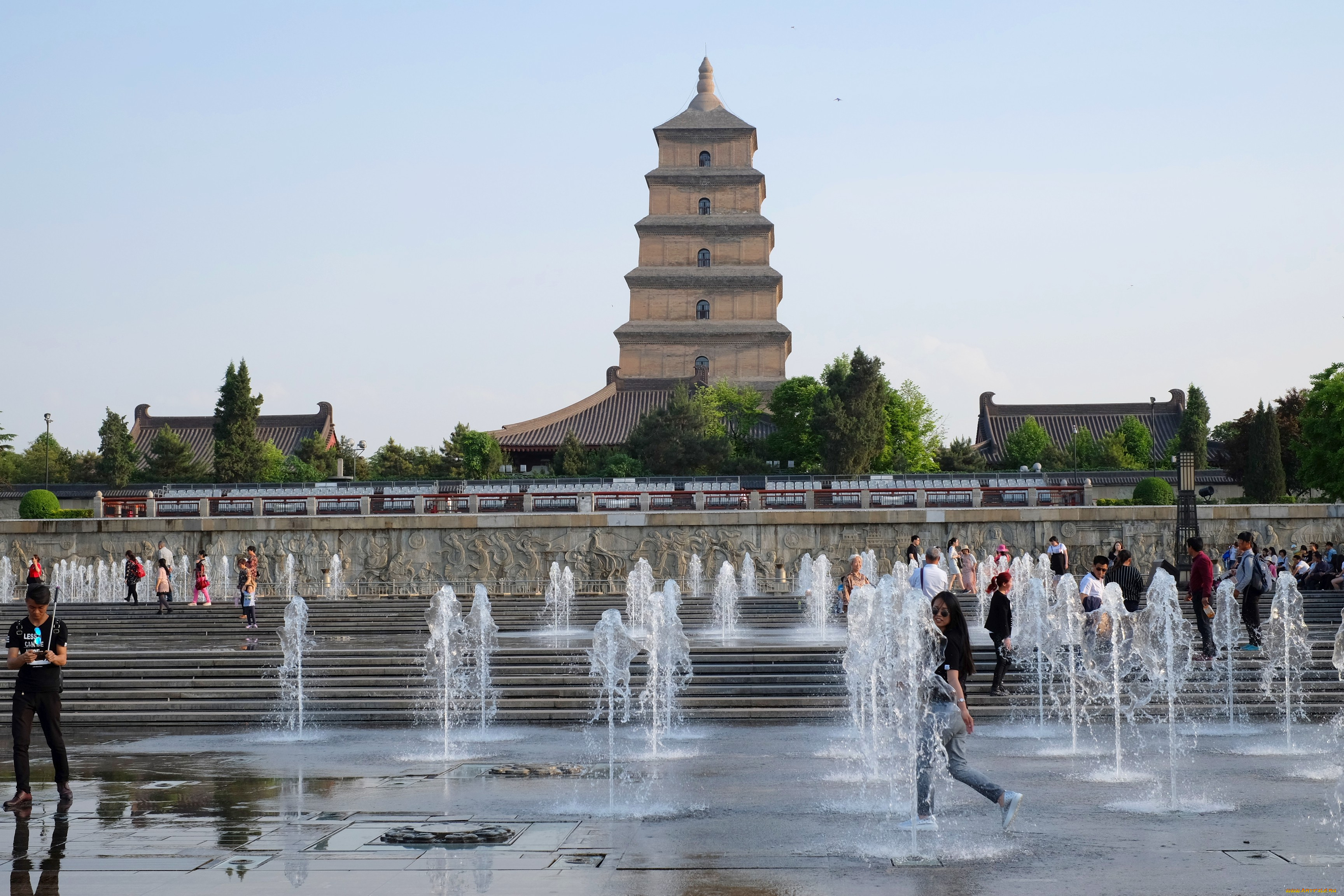 пагода, диких, гусей, города, -, фонтаны, фонтаны, буддизм, религия, культура, гусей, пагода, диких, достопримечательности, китай, сиань