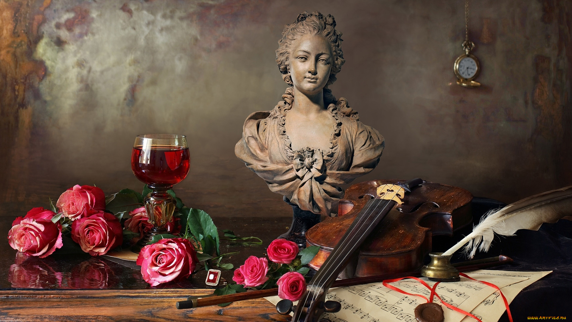 цветы, розы, скрипка, бутоны, бюст, часы, бокал