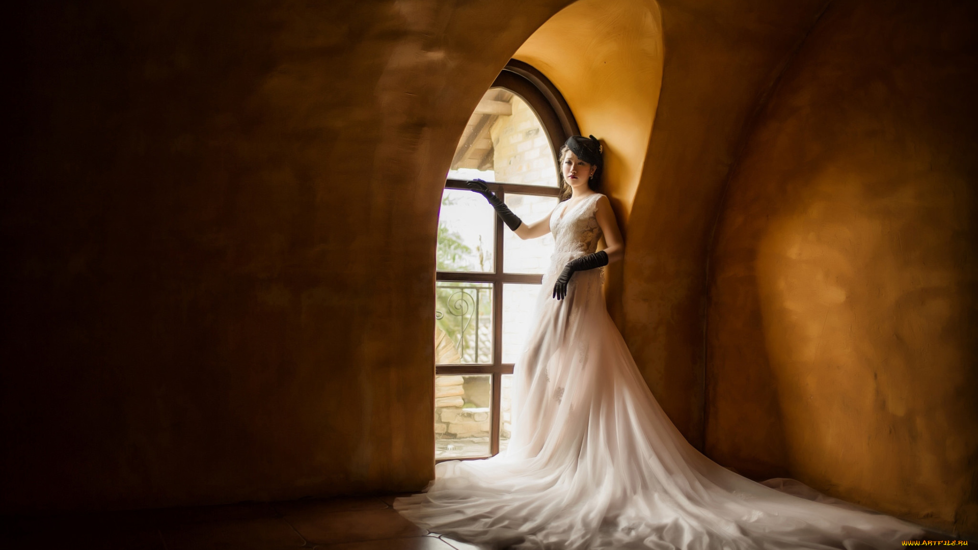 девушки, -, азиатки, перчатки, шляпка, азиатка, белое, платье, невеста