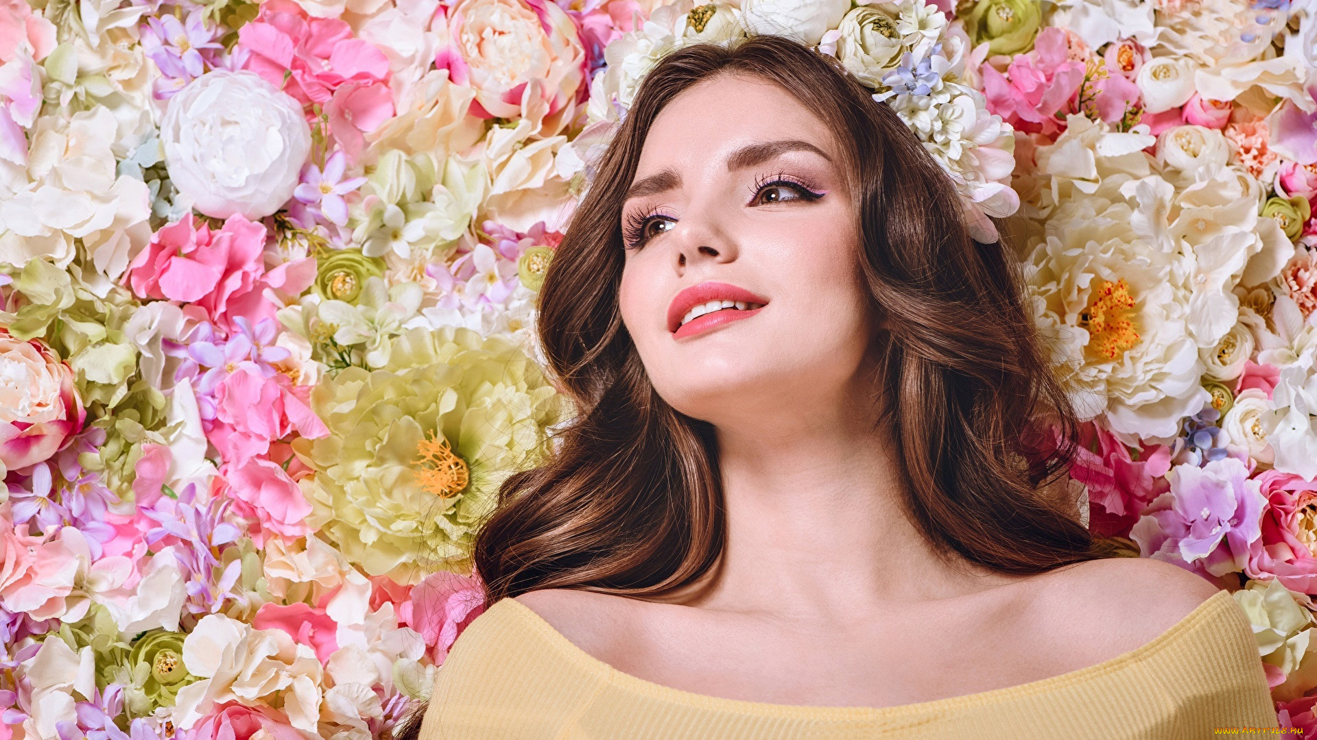 девушки, -, лица, , портреты, шатенка, фон, цветы