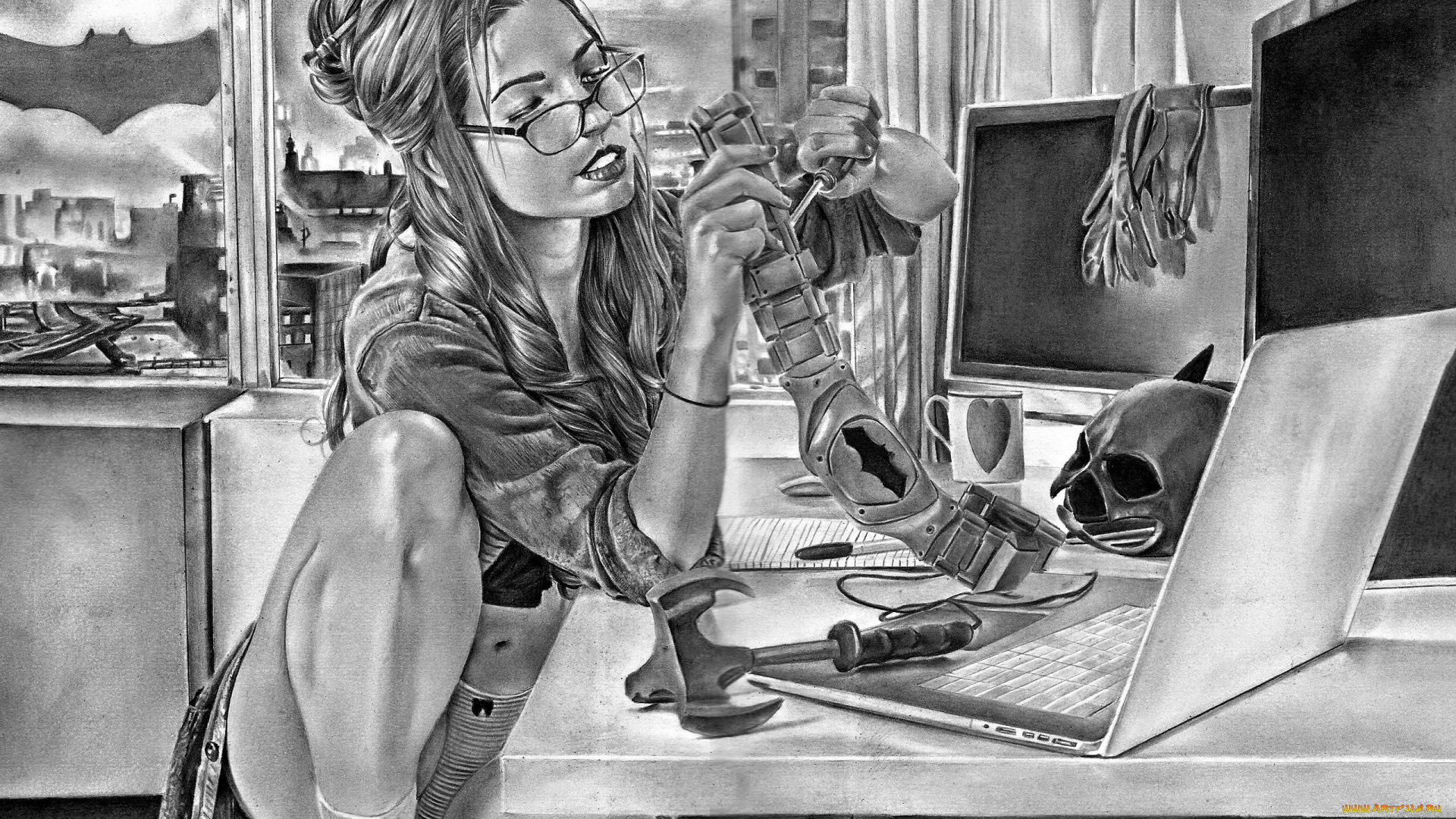 рисованное, кино, , мультфильмы, девушка, фон, ноутбук, атрибуты, окно, тень, летучая, мышь