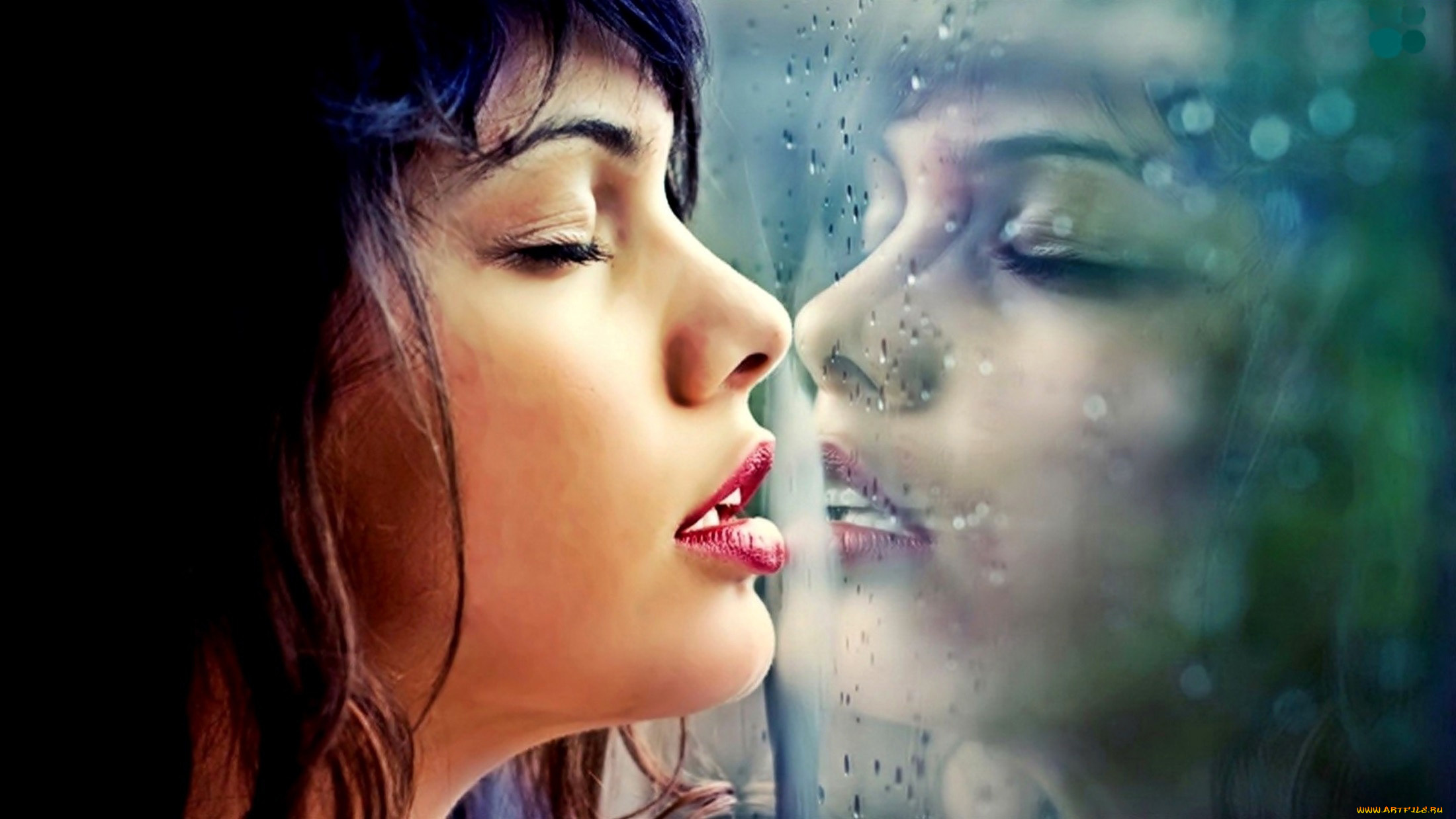 девушки, -, лица, , портреты, профиль, брюнетка, отражение