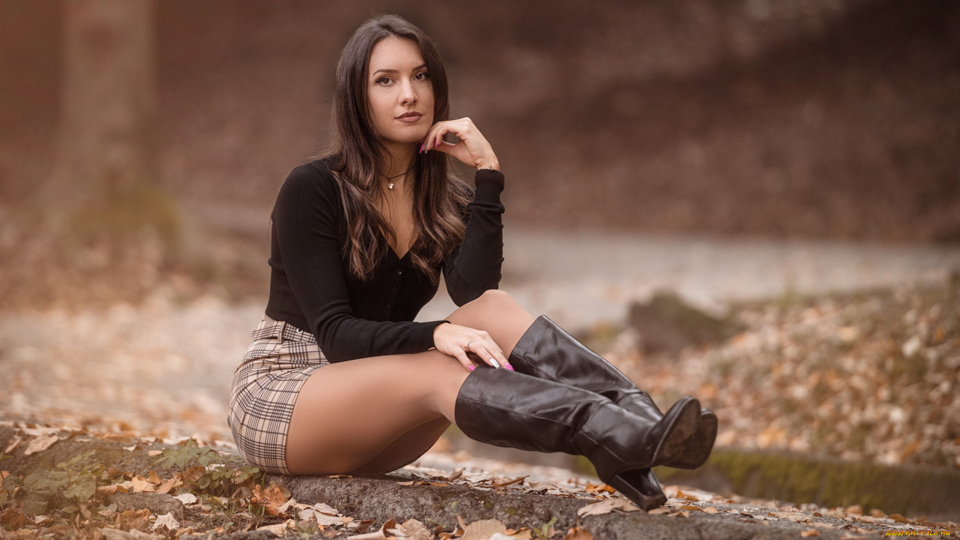 девушки, -, брюнетки, , шатенки, осень, листья, брюнетка, сапоги