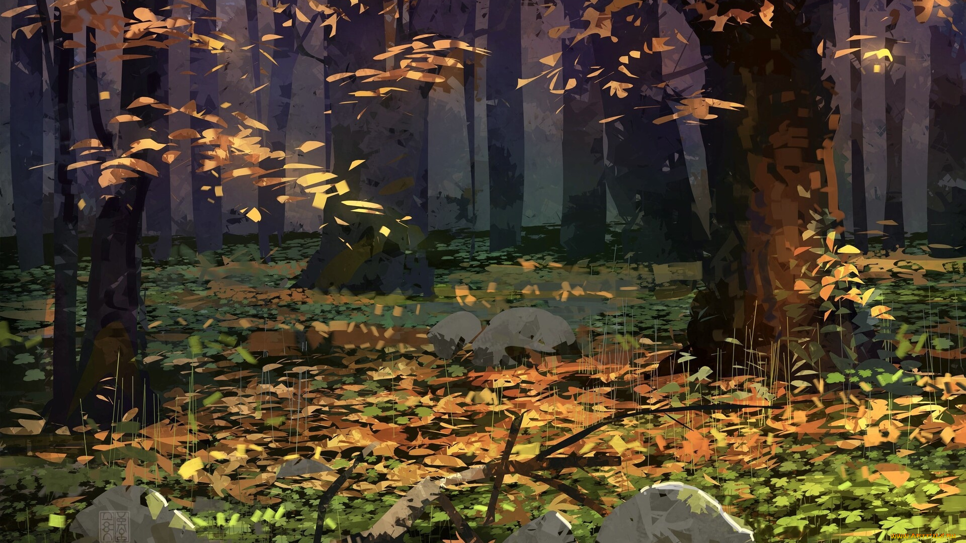 рисованное, природа, лес, осень, камни