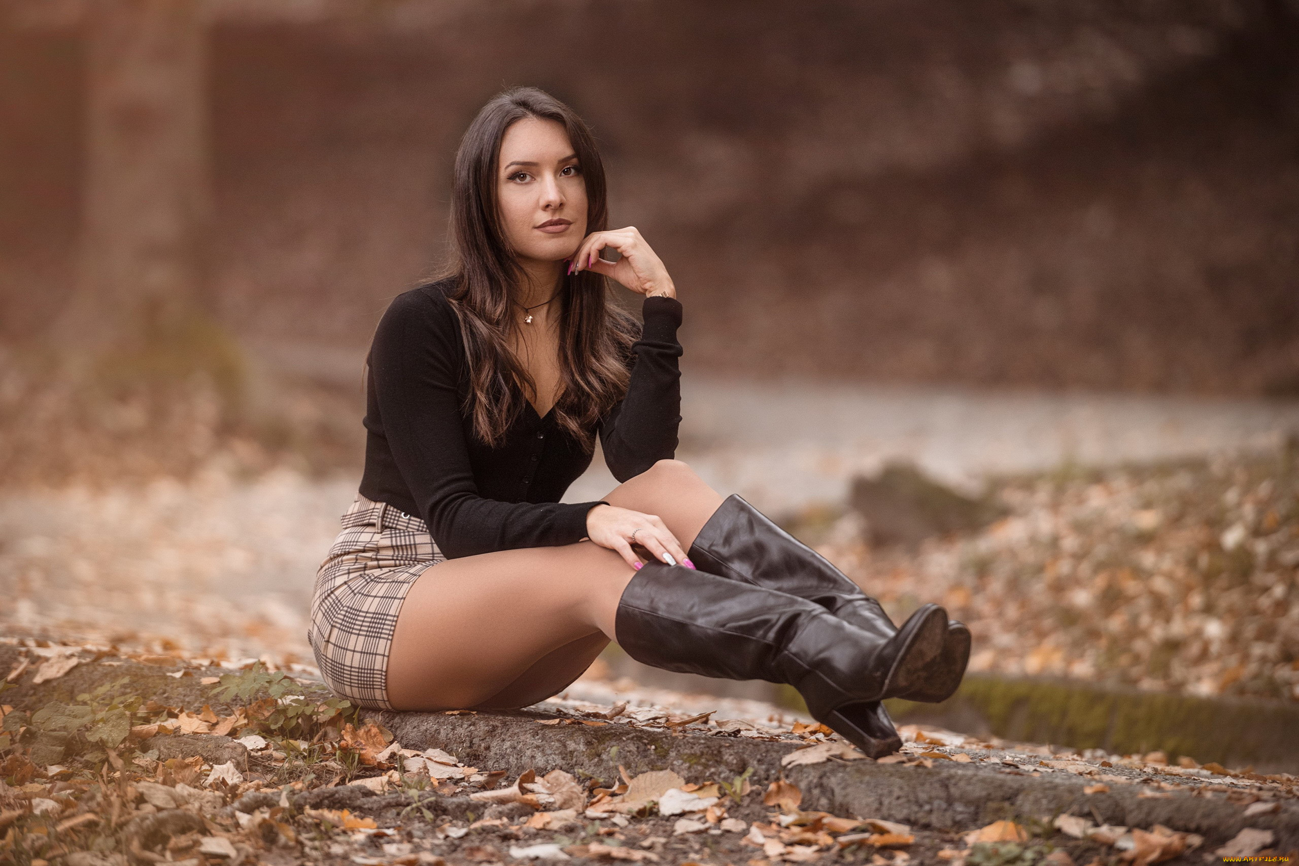 девушки, -, брюнетки, , шатенки, осень, листья, брюнетка, сапоги