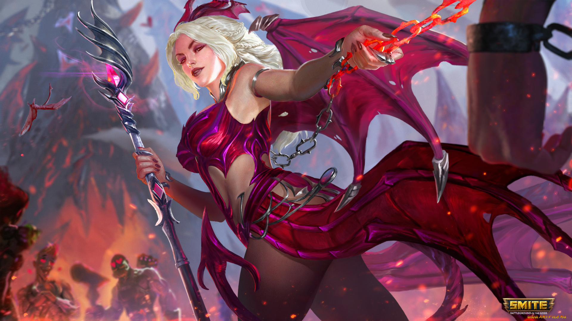 видео, игры, smite, девушка, фон, взгляд, посох, крылья