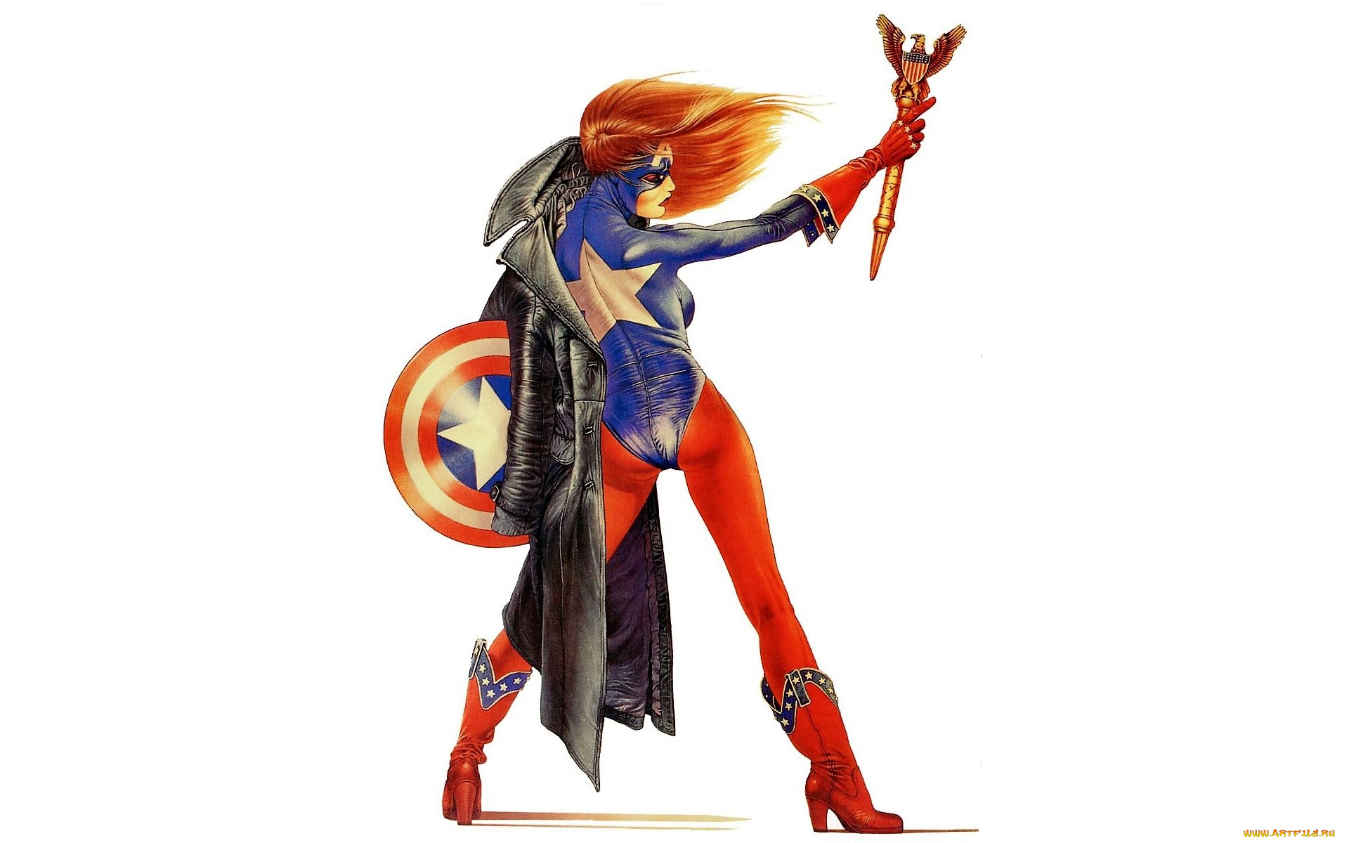 рисованное, chris, achilleos, девушка, жезл, плащ, щит, костюм