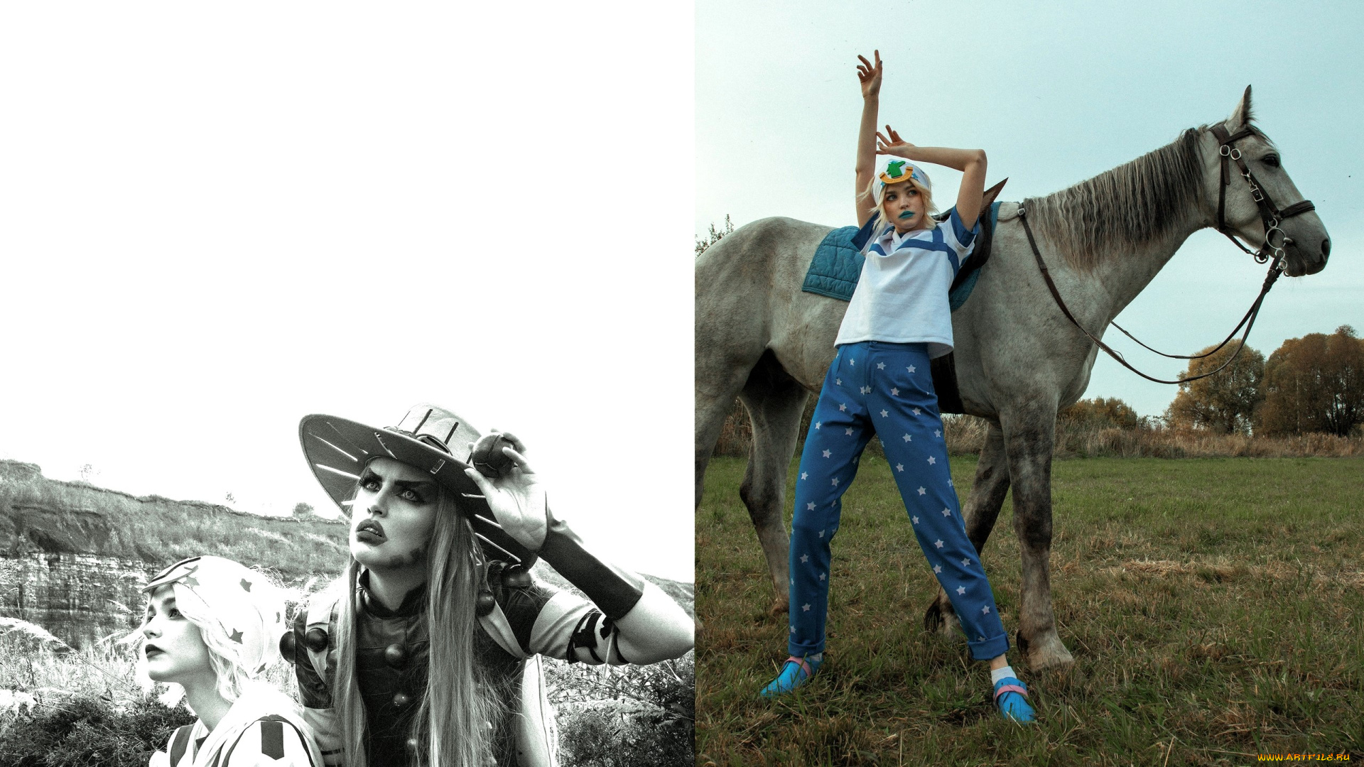 девушки, tenletters, образы, костюмы, косплей, горы, лошадь, деревья, луг