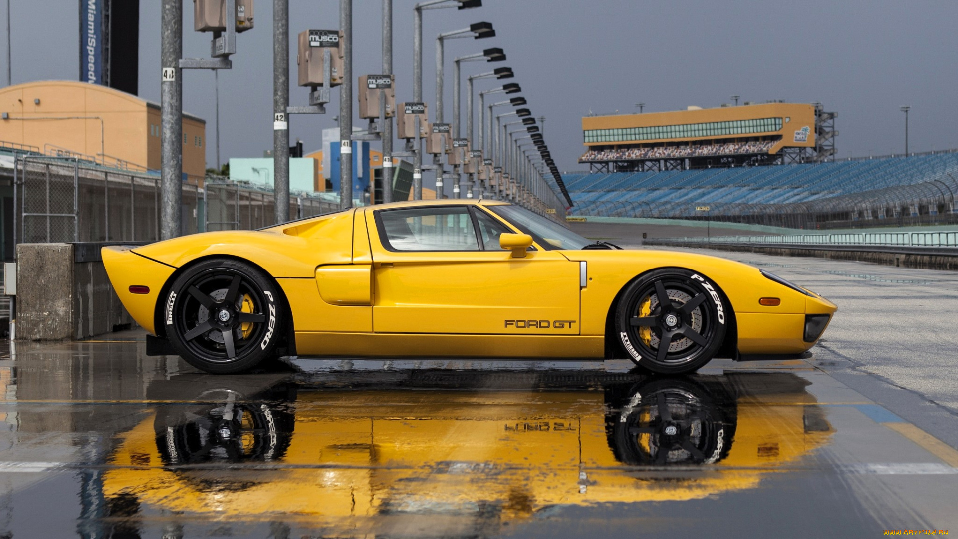 ford, gt, автомобили, ford, желтый, стадион, лужи