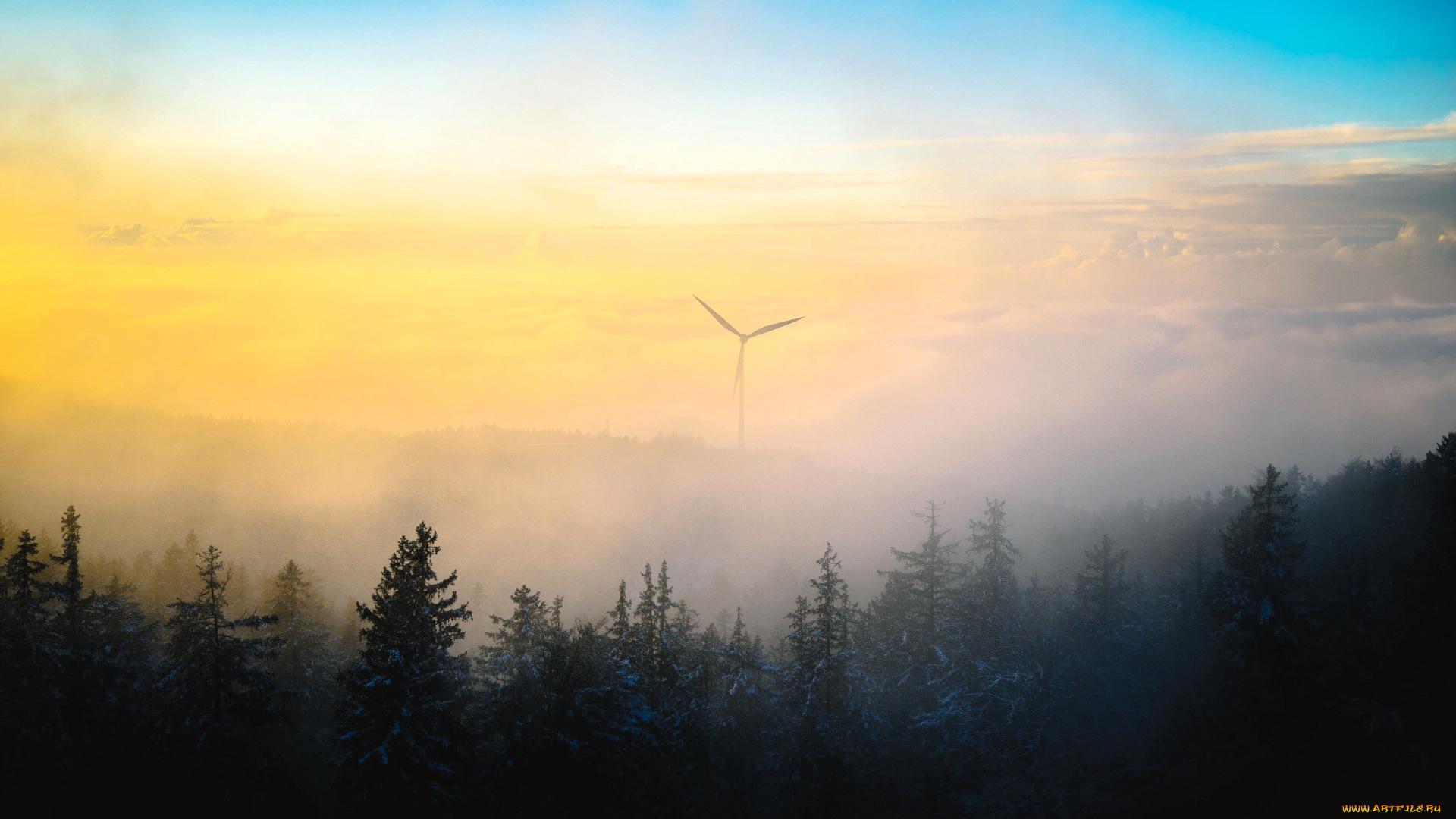 разное, ветрогенераторы, ветрогенератор, туман, лес