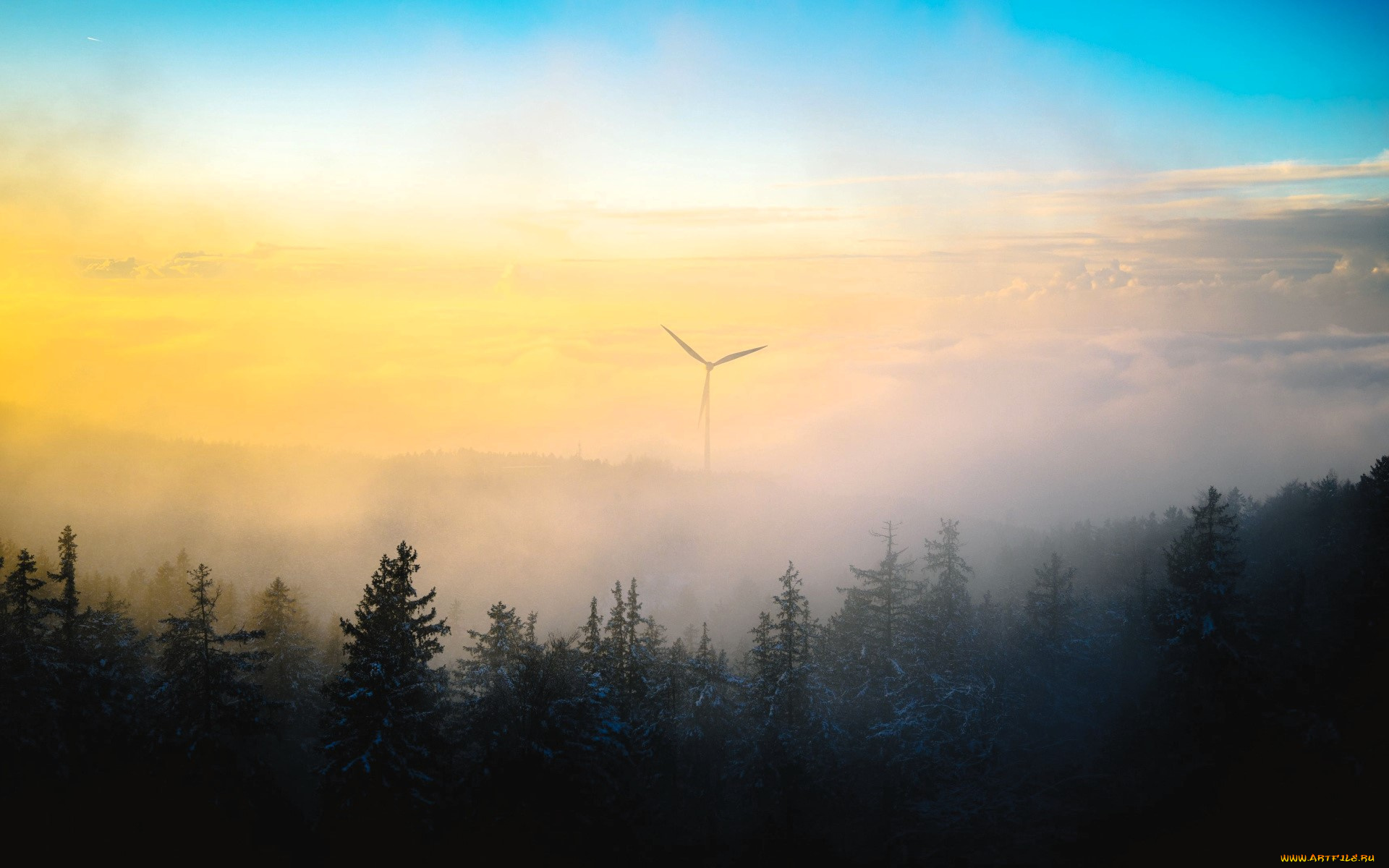разное, ветрогенераторы, ветрогенератор, туман, лес