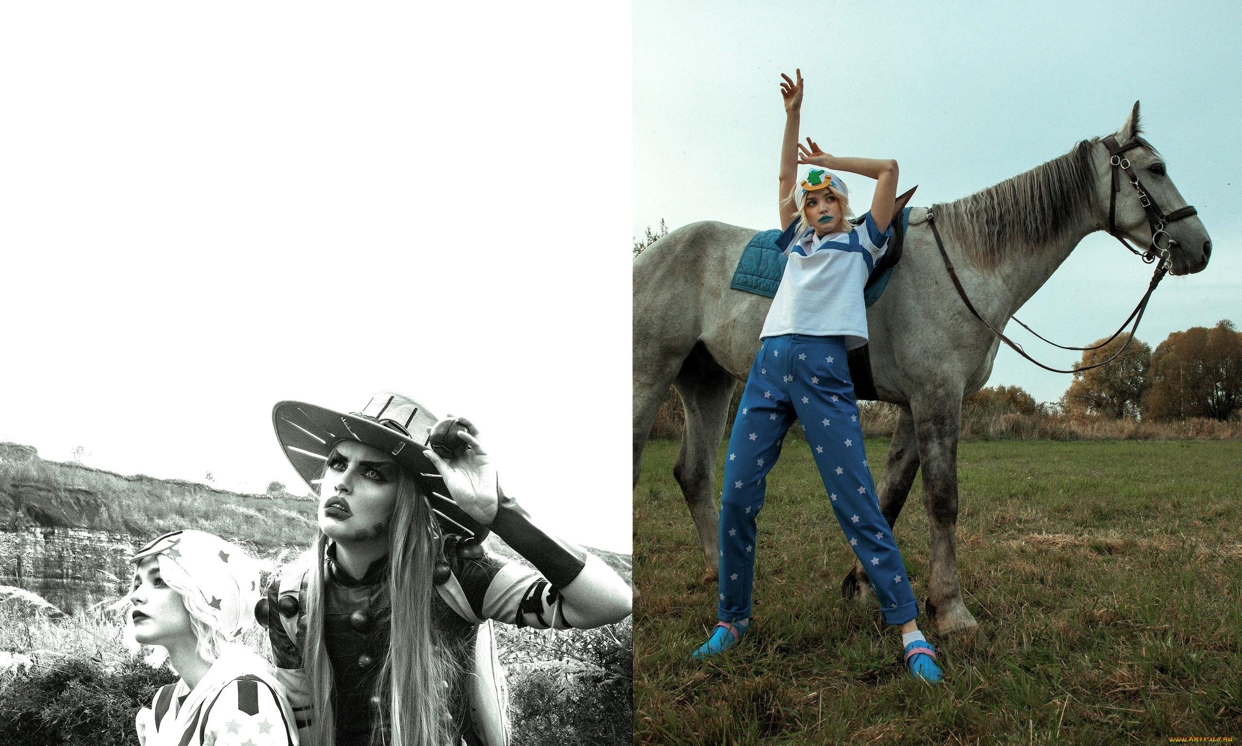 девушки, tenletters, образы, костюмы, косплей, горы, лошадь, деревья, луг