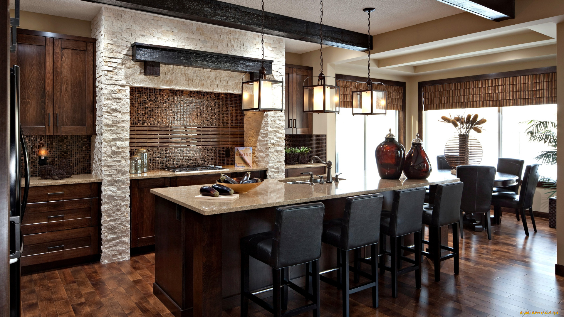 интерьер, кухня, стол, стулья, дерево, плита, вазы, светильники
