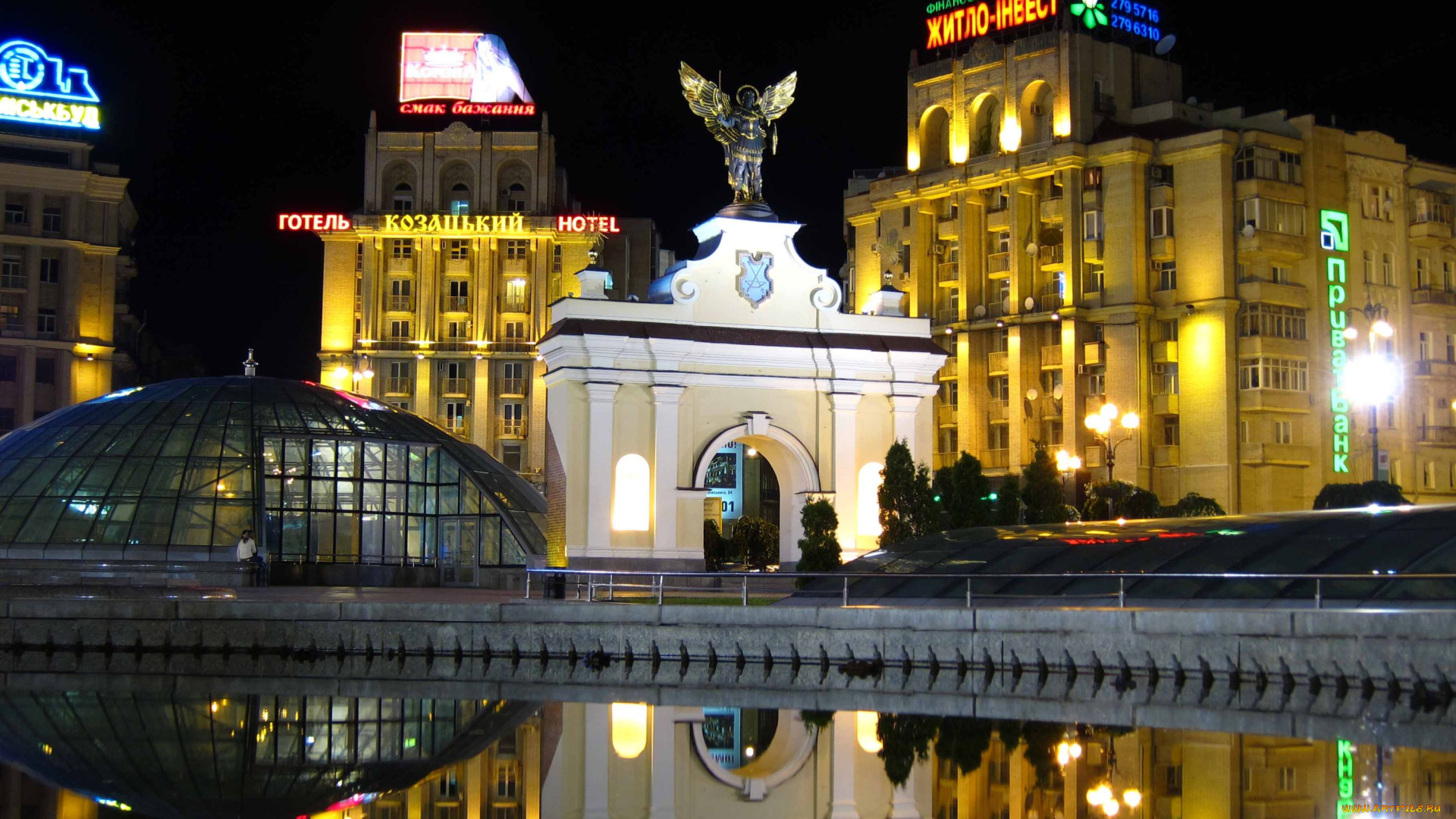 площадь, независимости, города, киев, украина, арка, дома, ночь, архангел, михаил