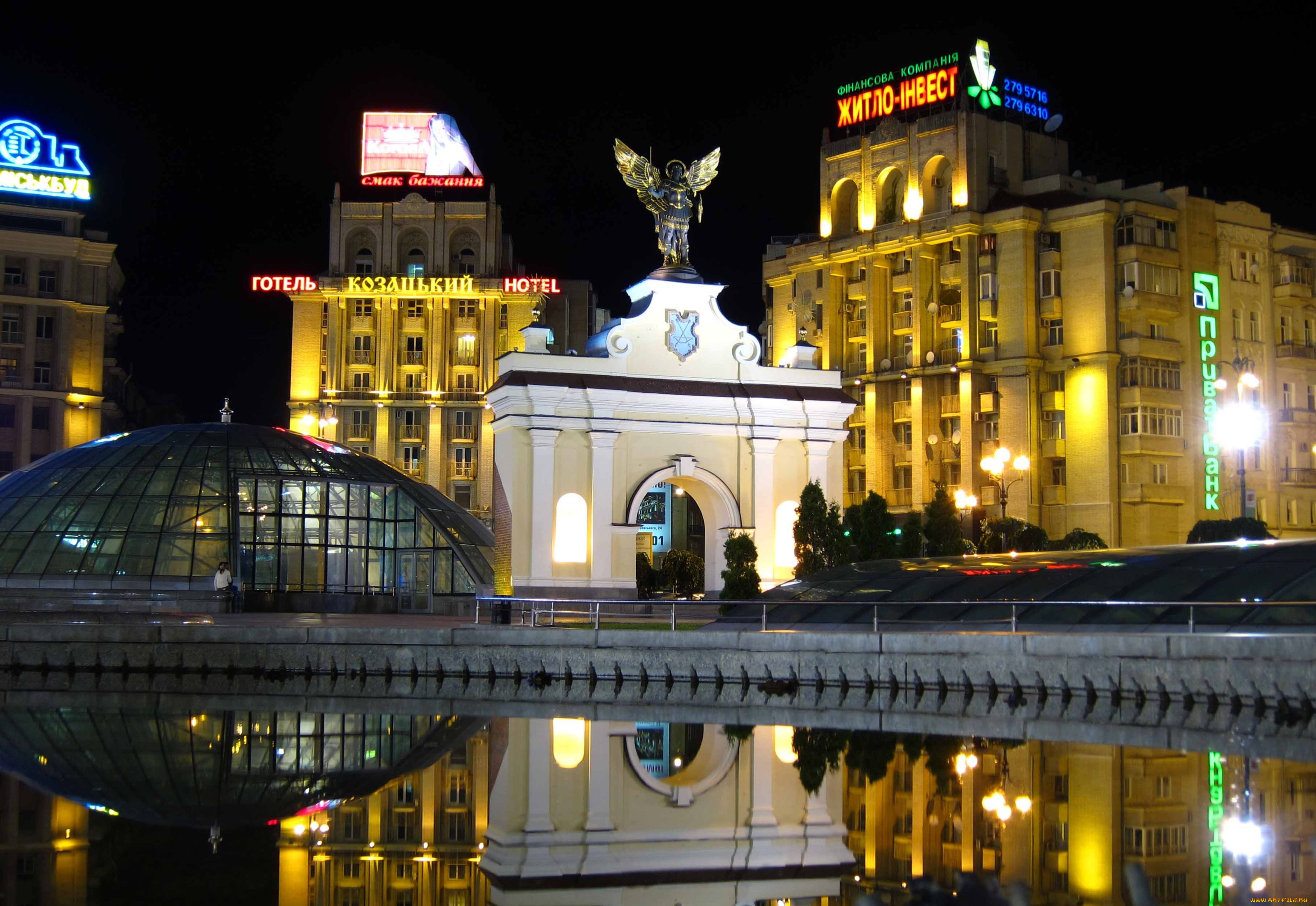 площадь, независимости, города, киев, украина, арка, дома, ночь, архангел, михаил