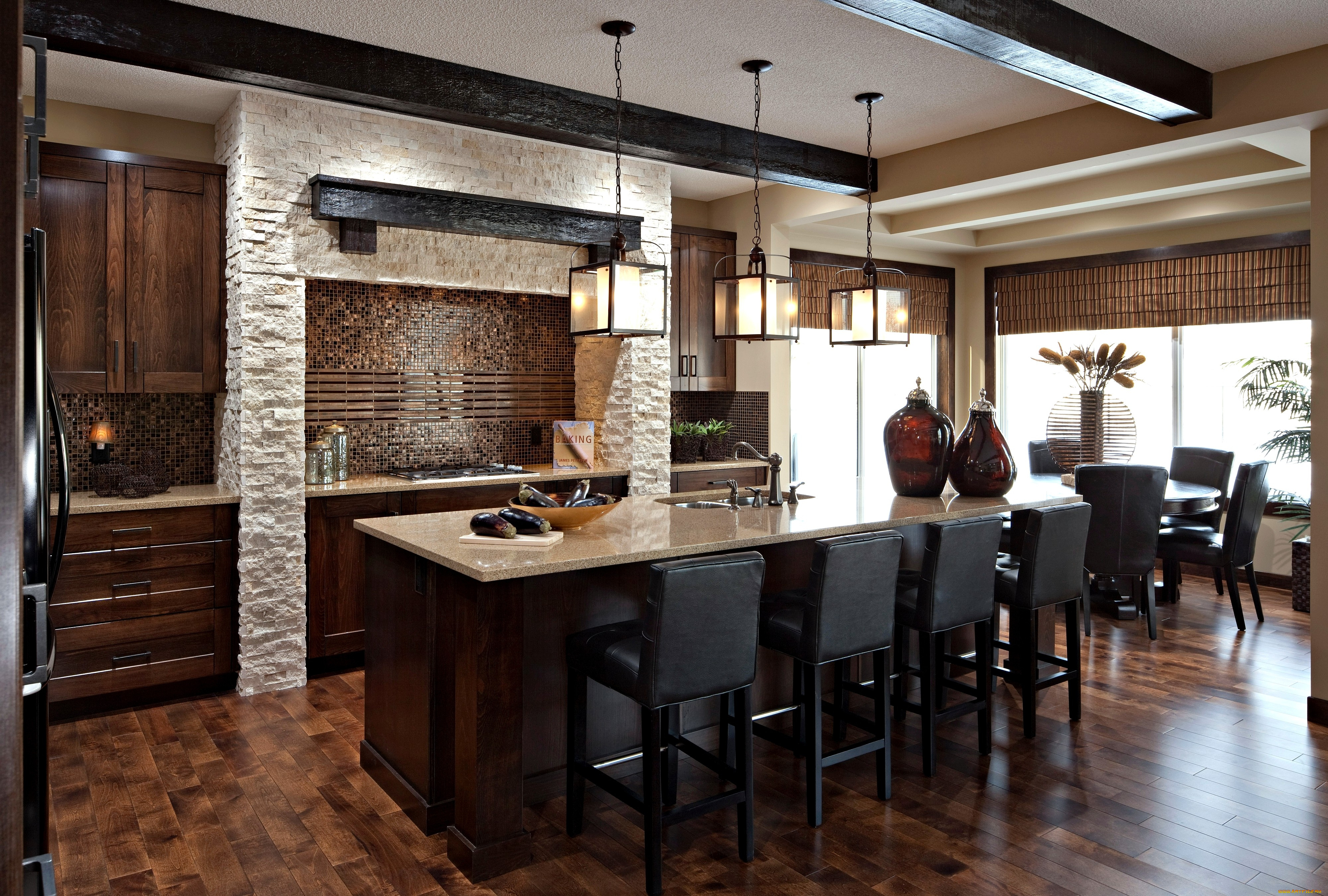 интерьер, кухня, стол, стулья, дерево, плита, вазы, светильники