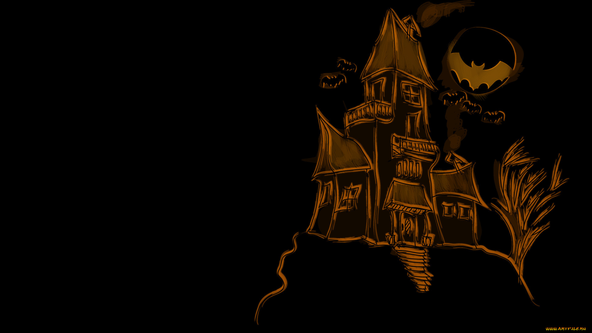 векторная, графика, летучая, мышь, дом, ночь