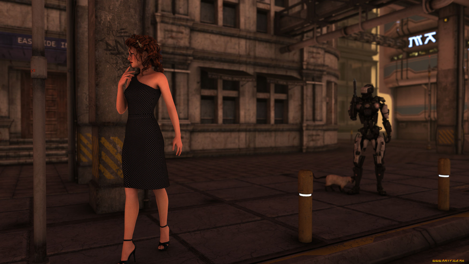 3д, графика, fantasy, , фантазия, улица, робот, девушка