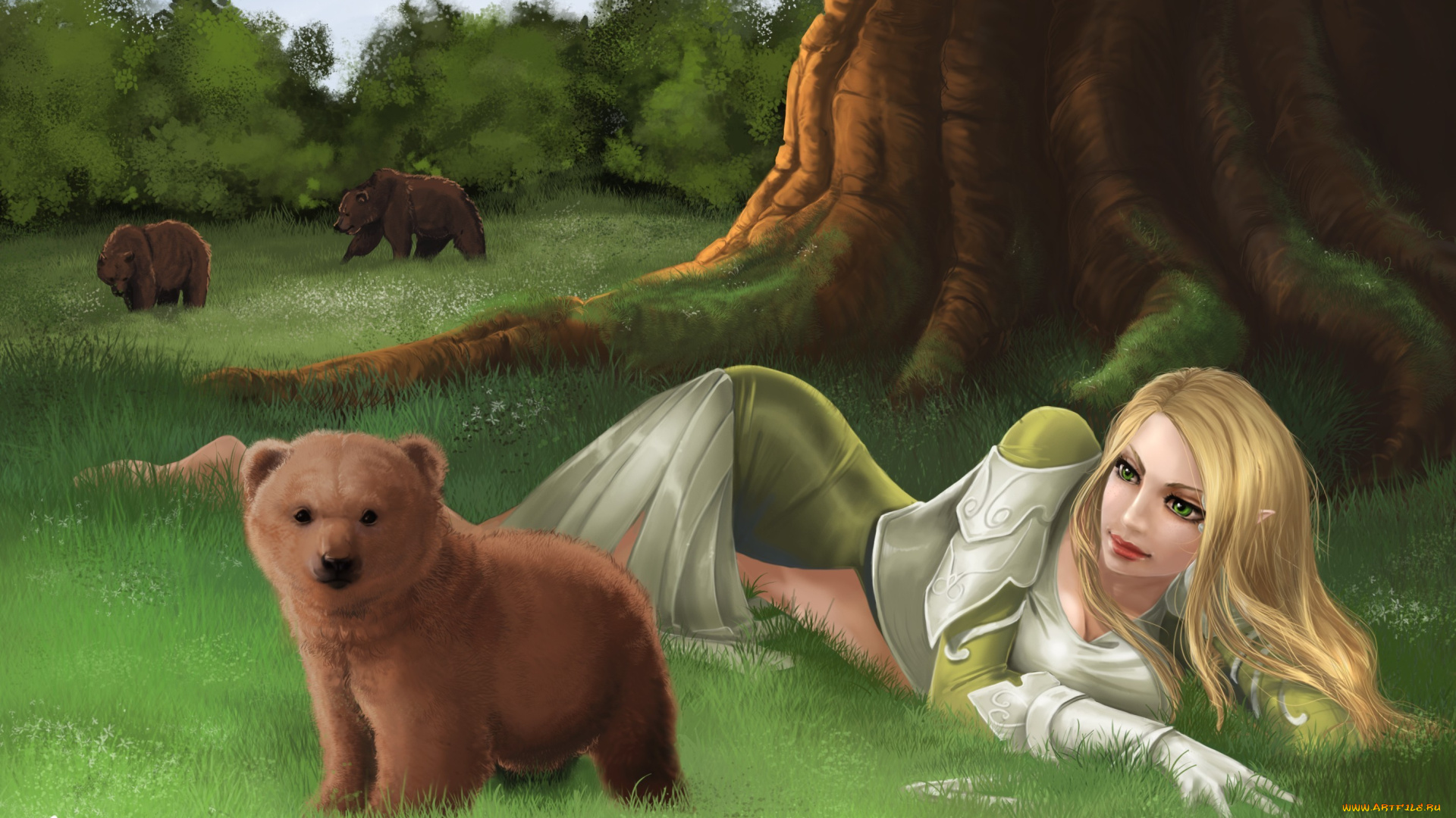 фэнтези, эльфы, медведи, лужайка, эльф, медвеженок