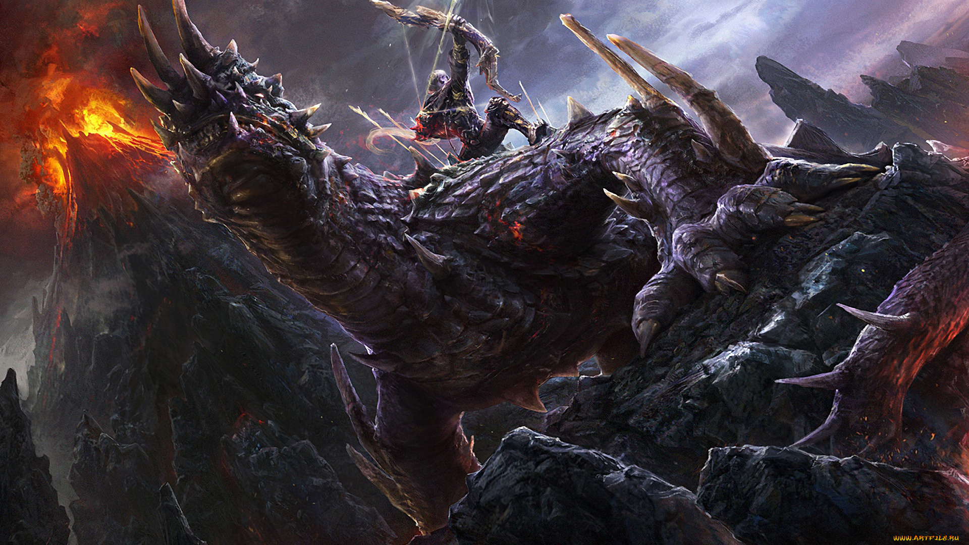 фэнтези, существа, лучник, воин, существо, вулкан, горы