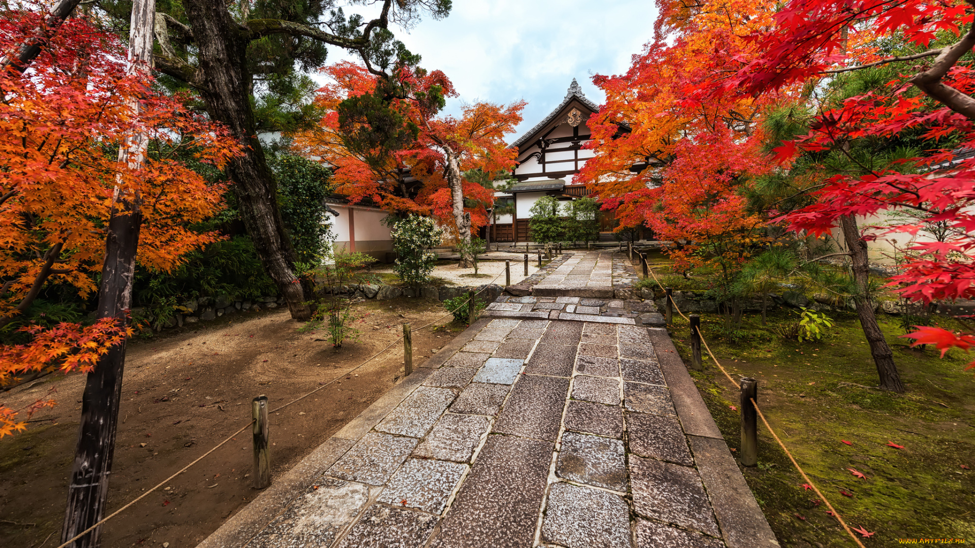 kyoto, koyo, города, -, пейзажи, осень, парк, краски, дорожка, дом