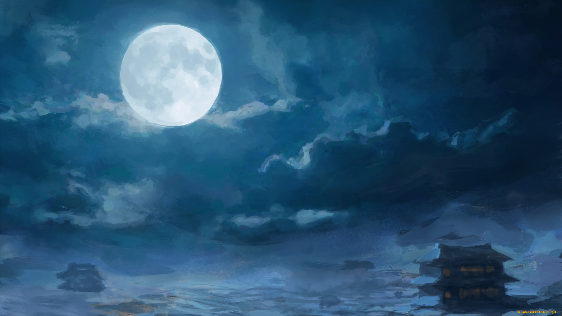 луна, рисованные, живопись, ночь