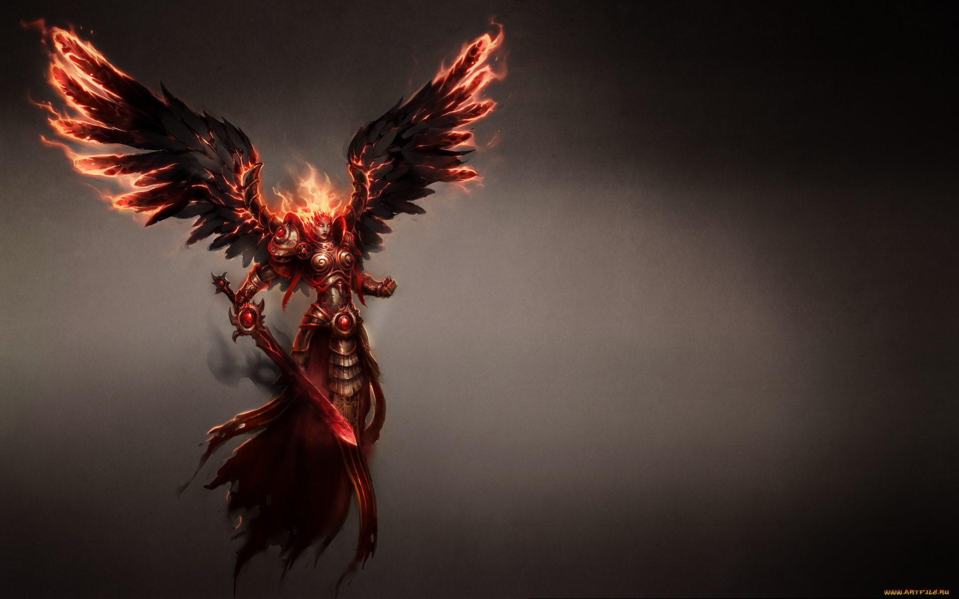 девушка, фэнтези, демоны, меч, крылья, магия