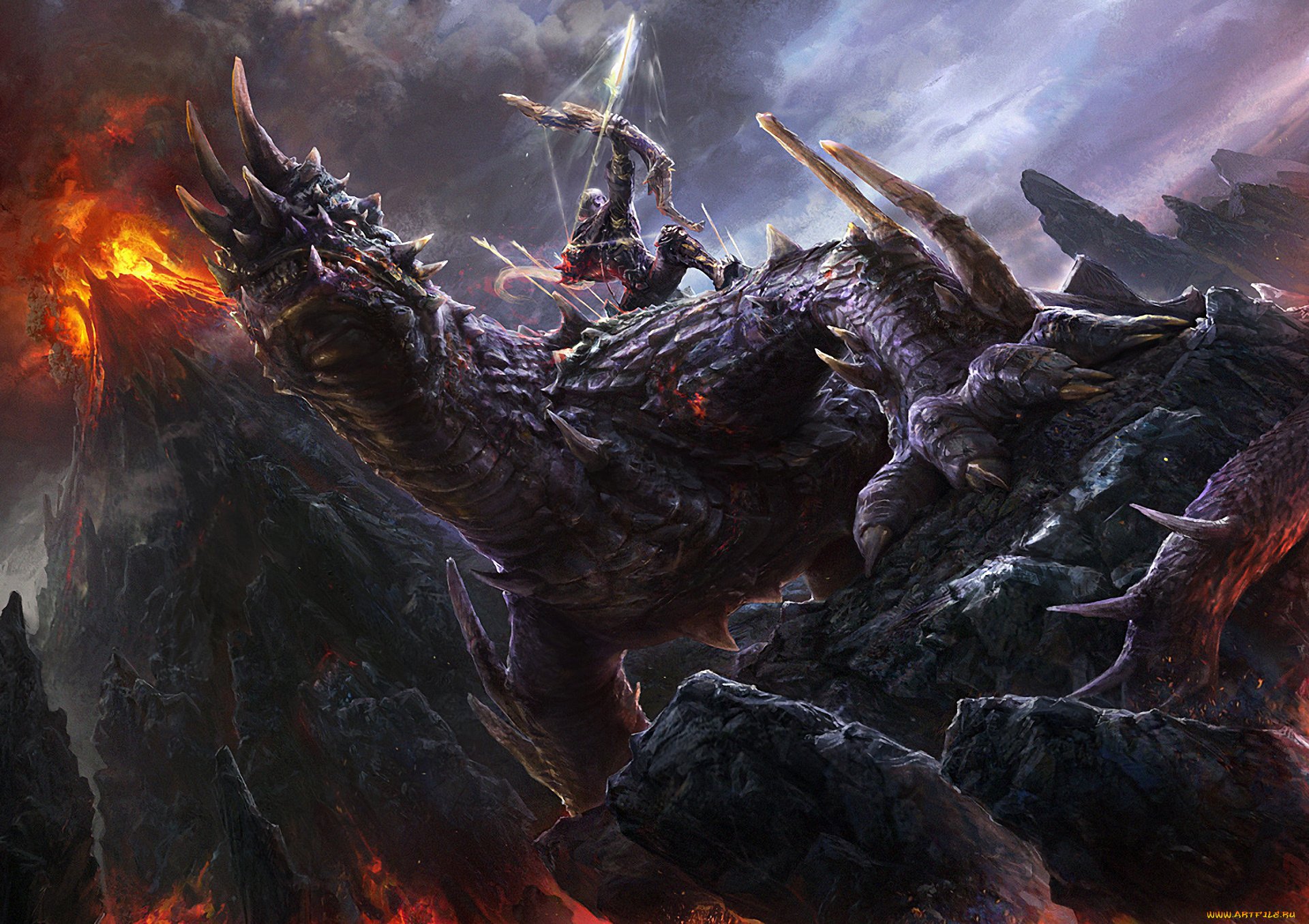 фэнтези, существа, лучник, воин, существо, вулкан, горы