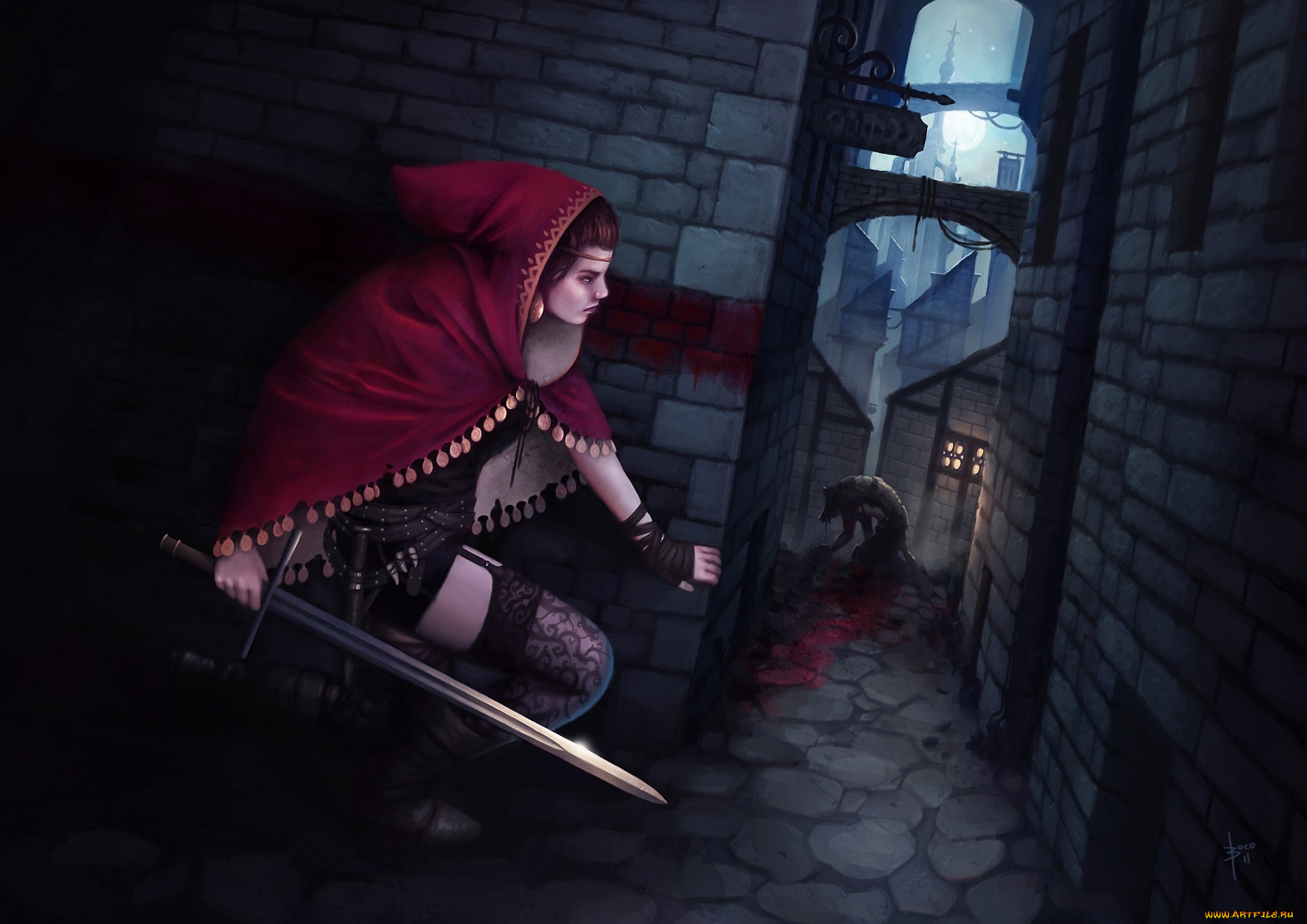 фэнтези, девушки, девушка, улица, меч, красная, шапка, волк