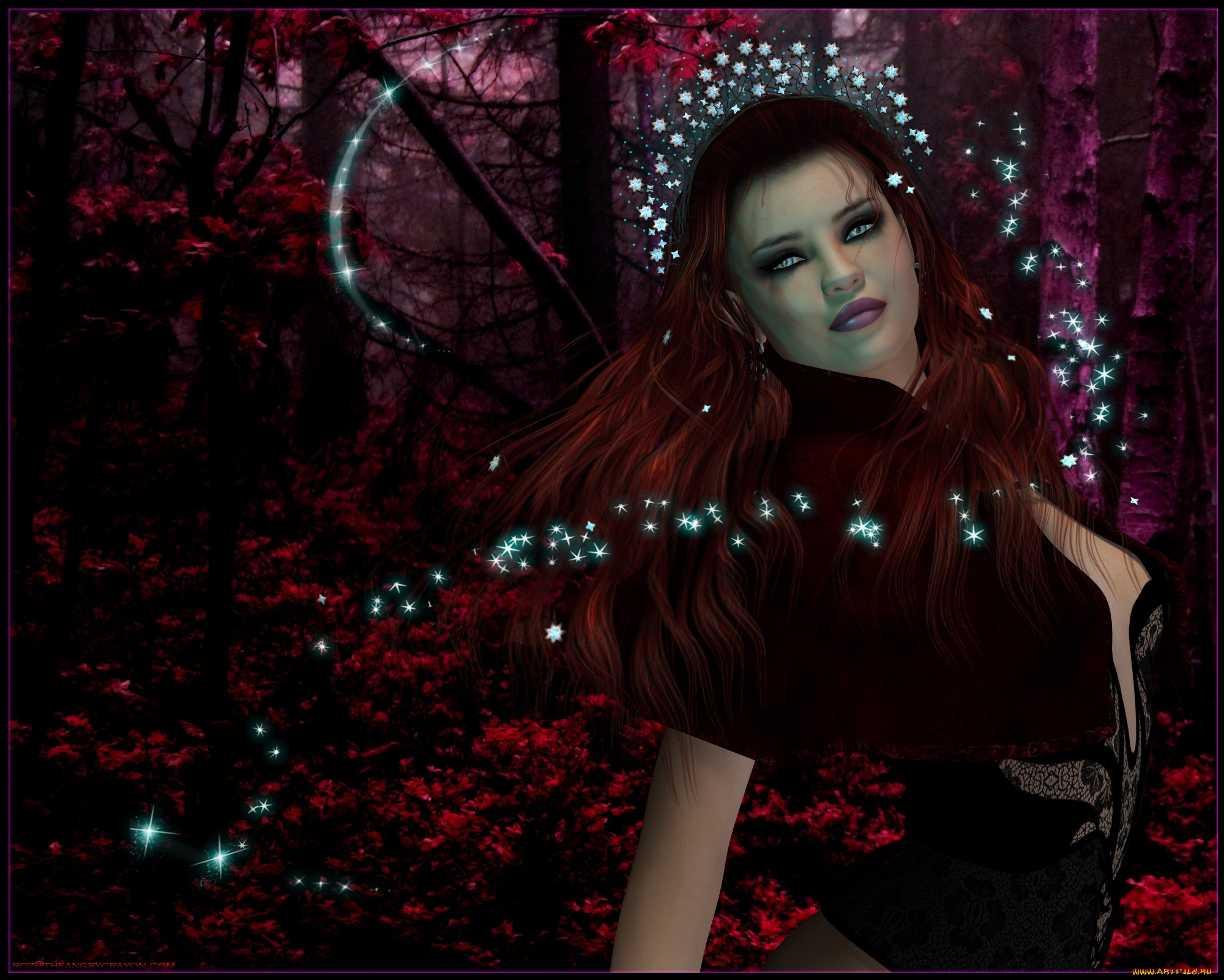 3д, графика, fantasy, , фантазия, огоньки, взгляд, девушка