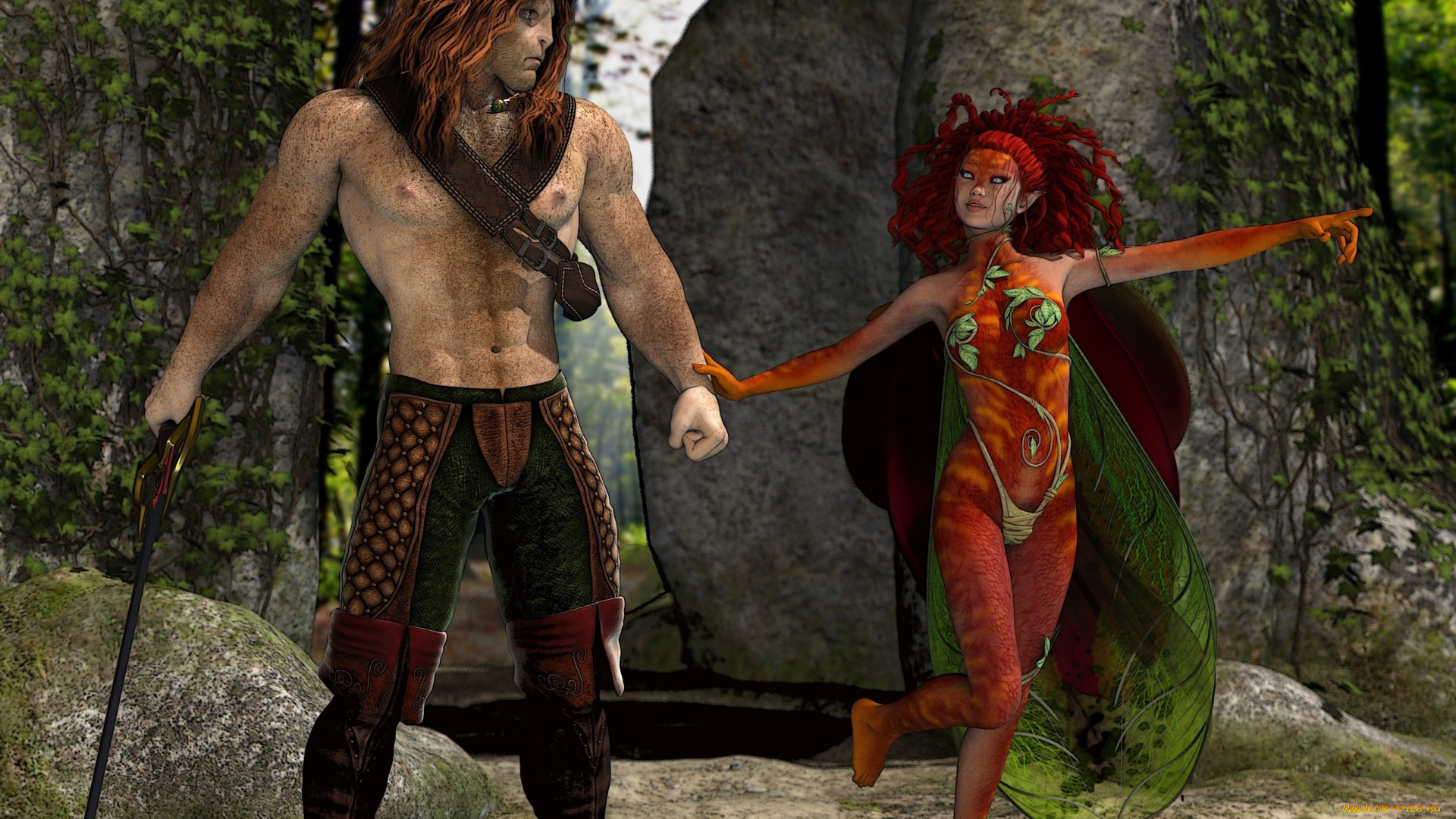 3д, графика, эльфы, , elves, лес, фон, взгляд, эльфийка