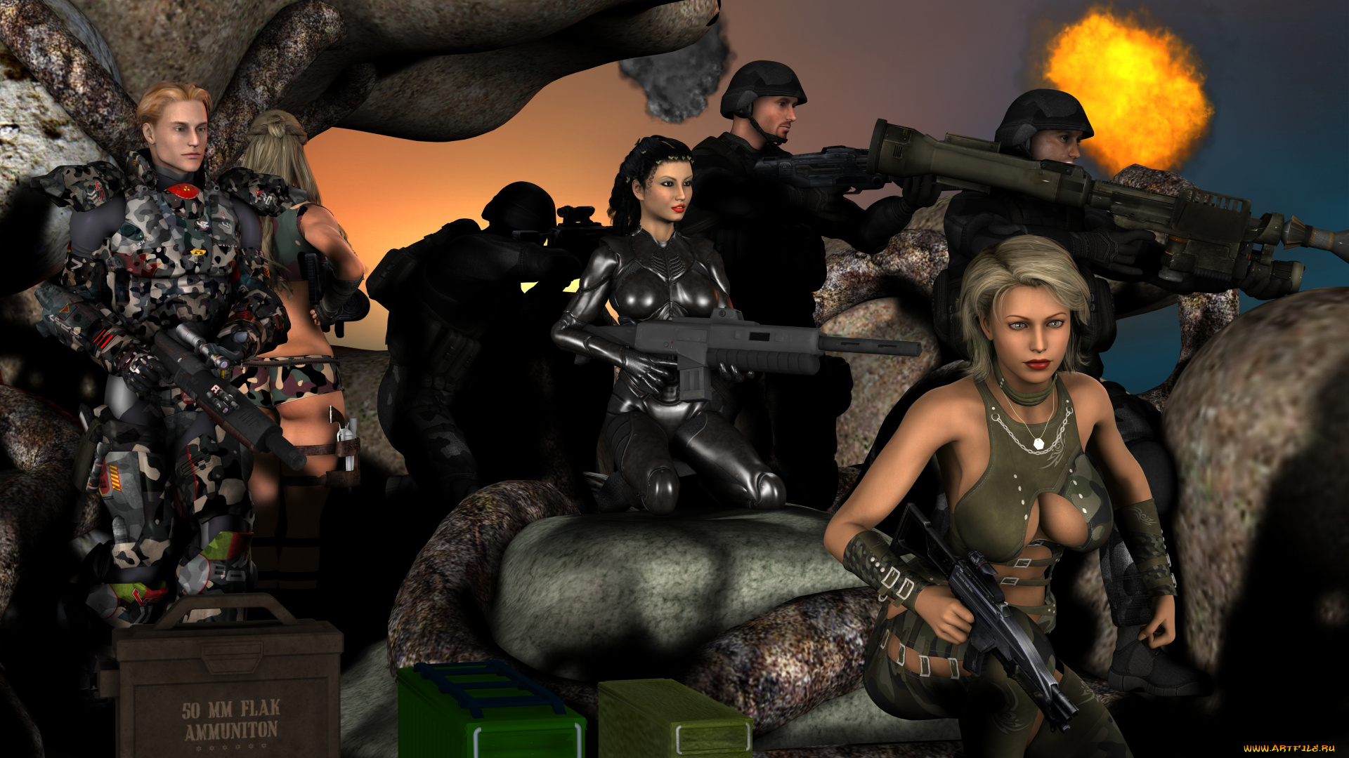 3д, графика, фантазия, , fantasy, фон, взгляд, оружие, мужчины, девушки