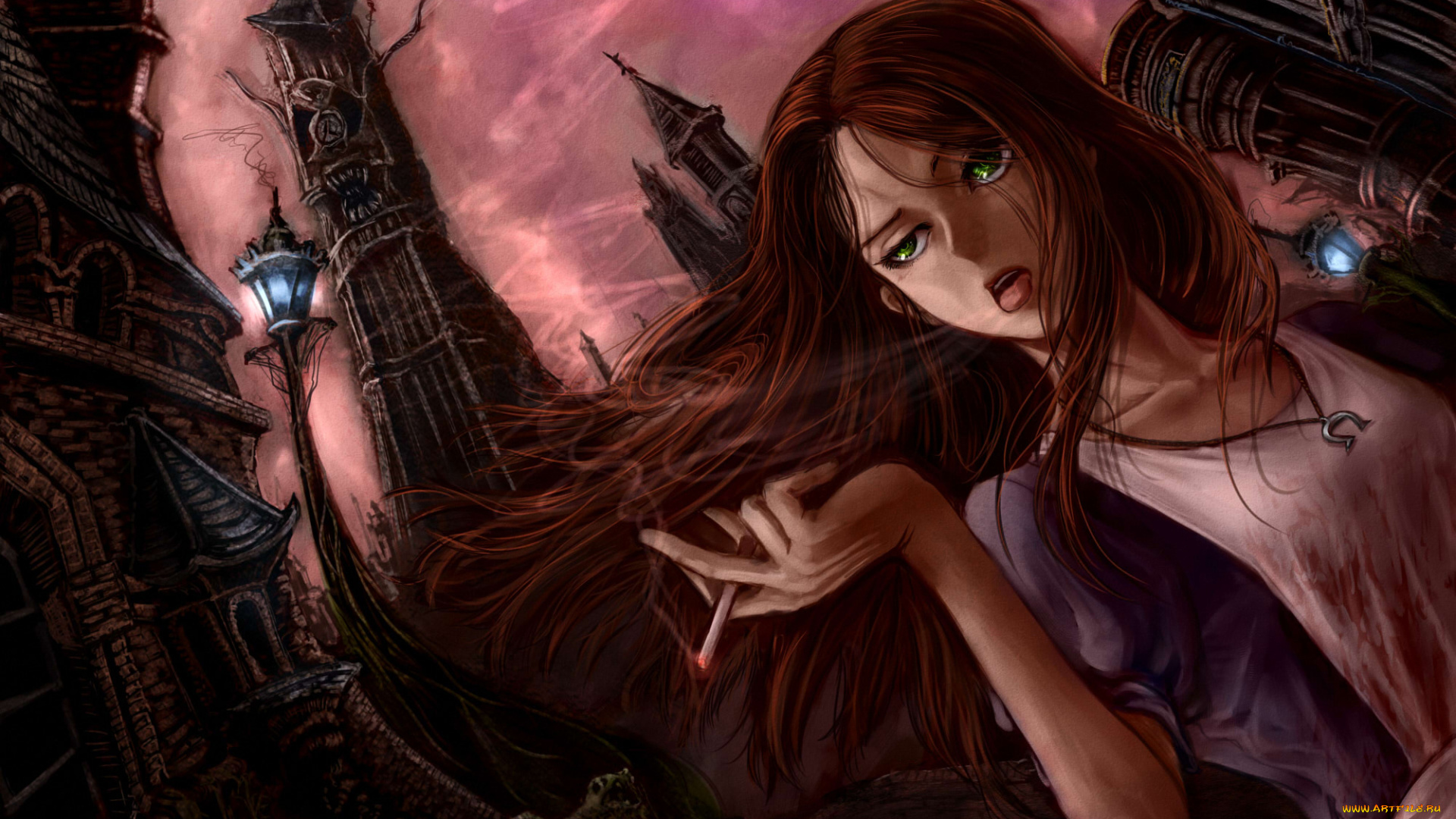 аниме, alice, in, wonderland, девушка, город, дым, сигарета