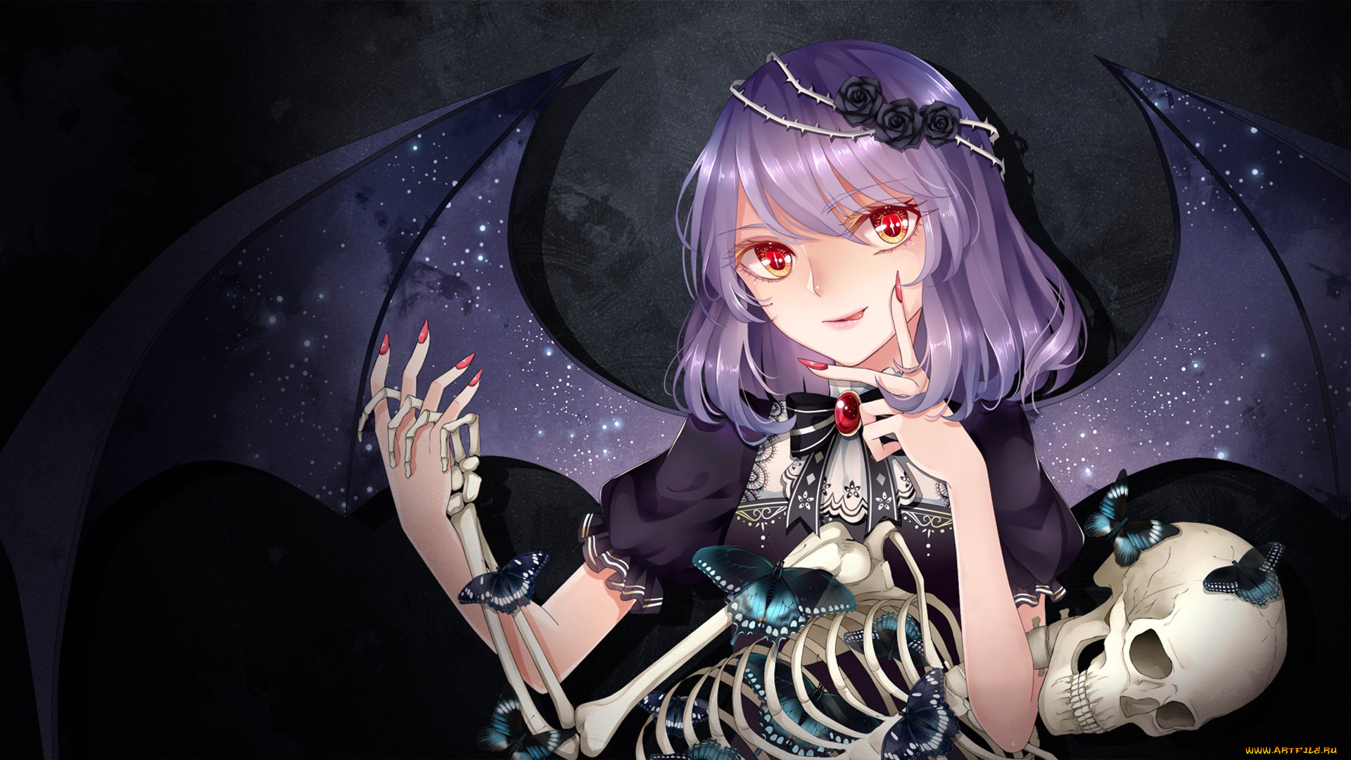 аниме, ангелы, , демоны, бабочки, девушка, розы, скелет, крылья, stari, remilia, scarlet