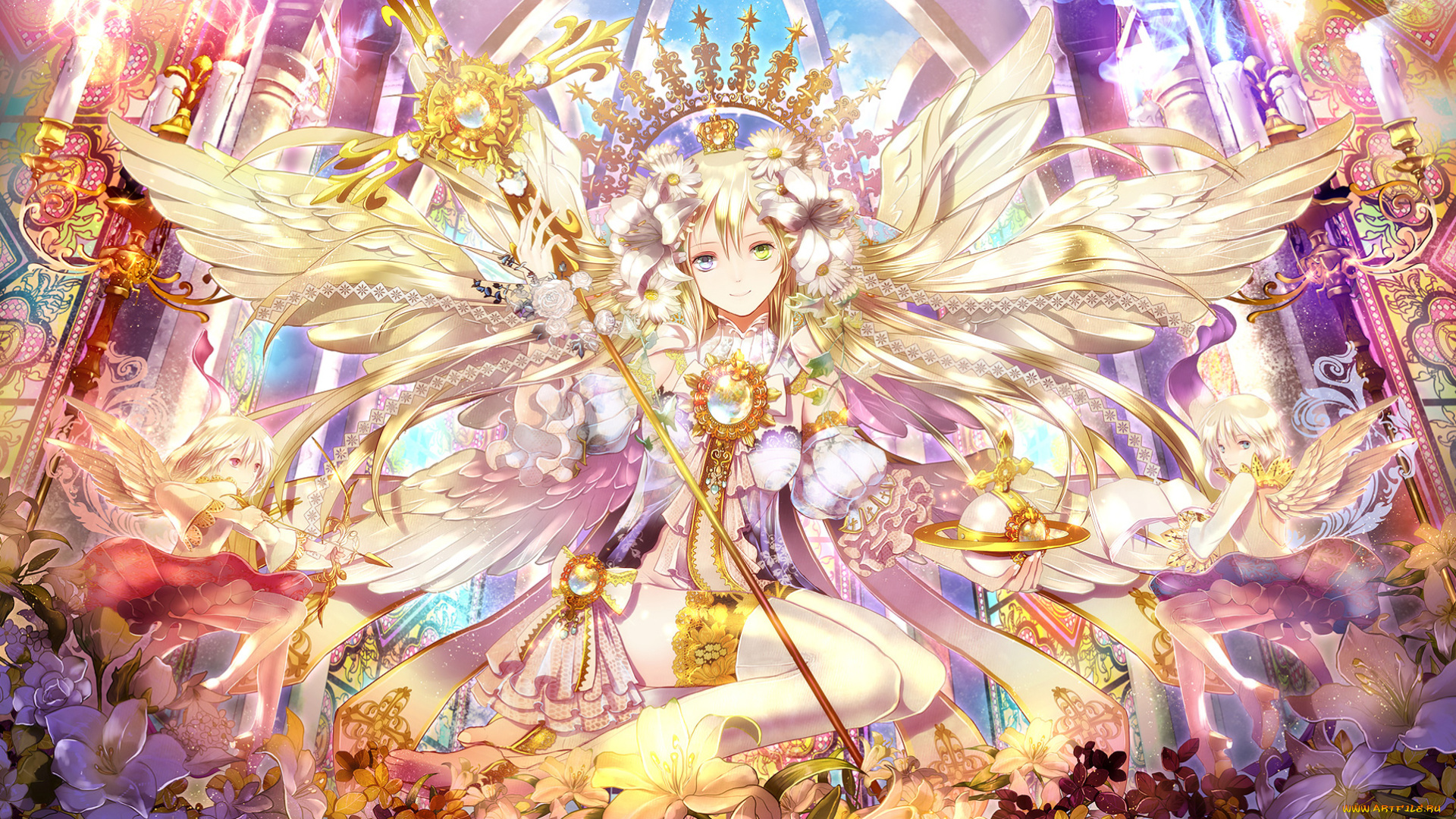 аниме, ангелы, , демоны, гетерохромия, стрелы, лук, цветы, крылья, посох, девушка