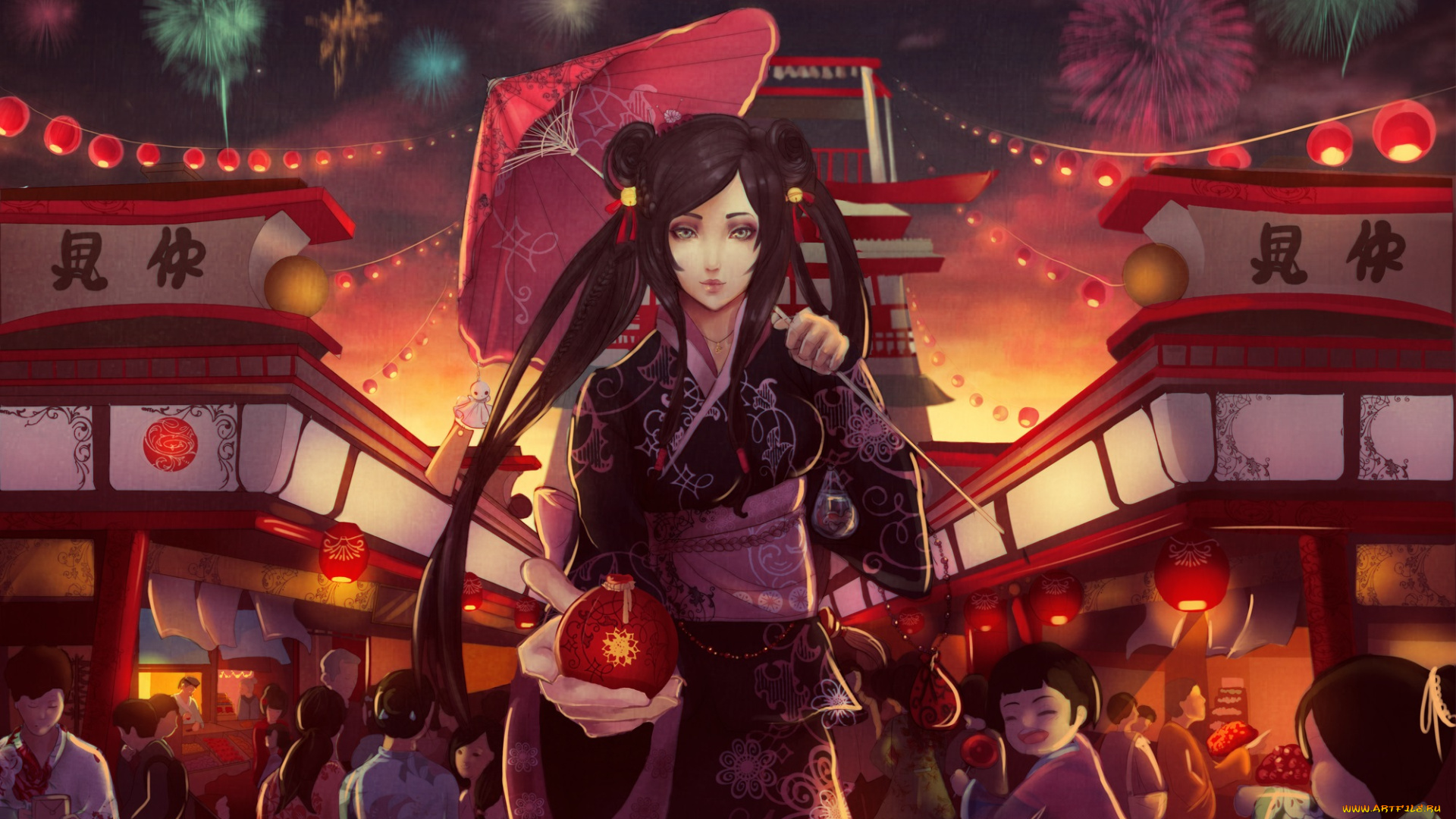 аниме, город, , улицы, , здания, дети, девушка, кимоно, зонт, фейерверк