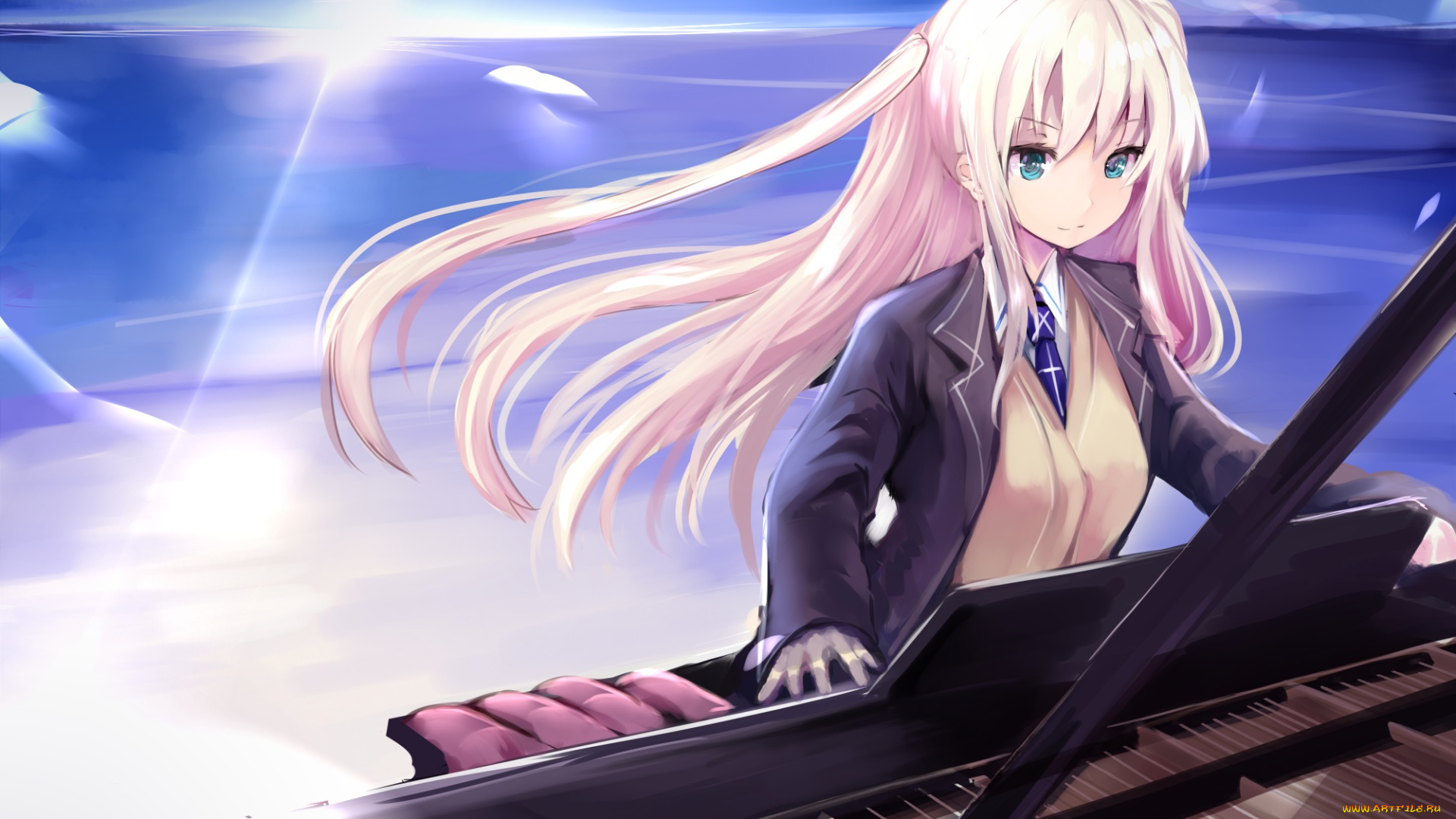 аниме, музыка, пианино, небо, девушка, арт, haik