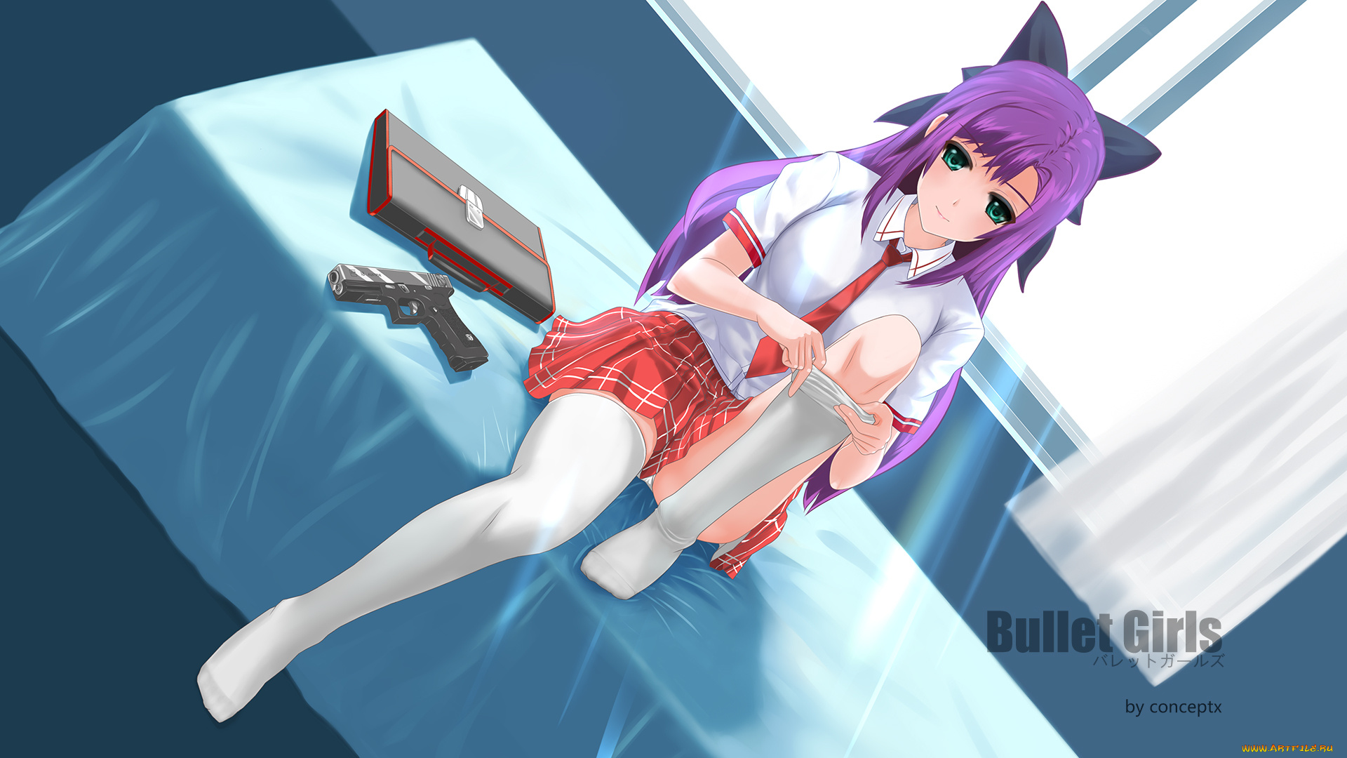 аниме, оружие, , техника, , технологии, bullet, girls, гольфы, занавески, пистолет, девушка, conceptx, окно, кровать, сумка