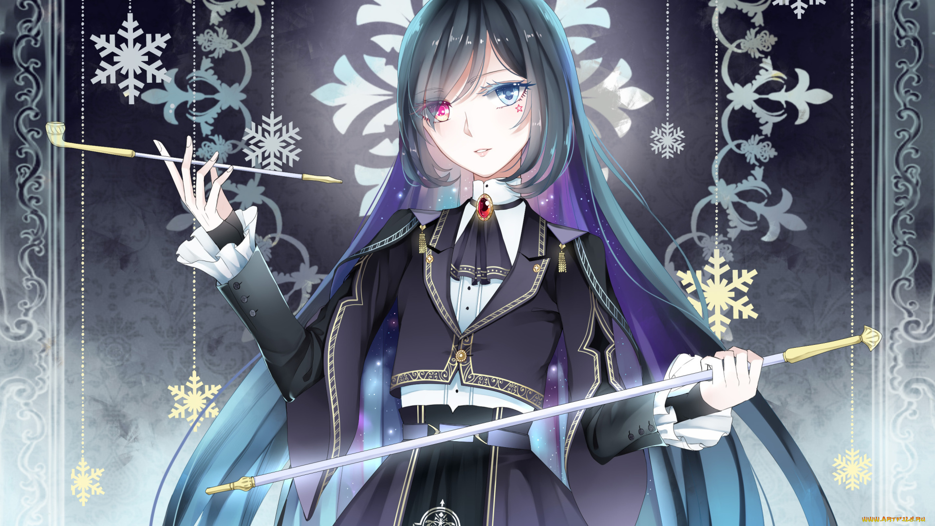 аниме, оружие, , техника, , технологии, снежинки, разные, глаза, узоры, трубка, указка, девушка