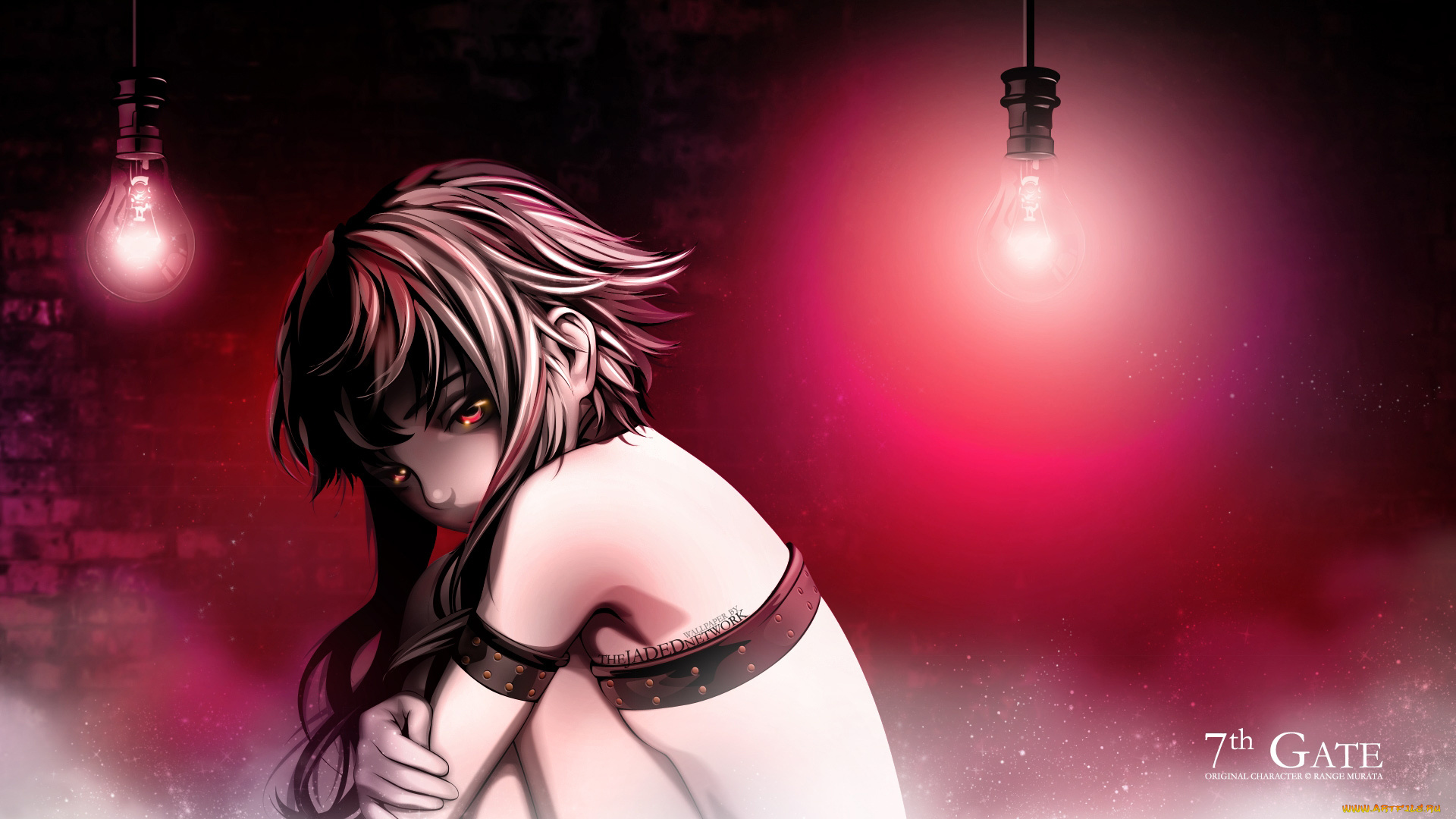 аниме, range, murata, , artbook, range, murata, девушка, лампочка, ремень, стена, свет