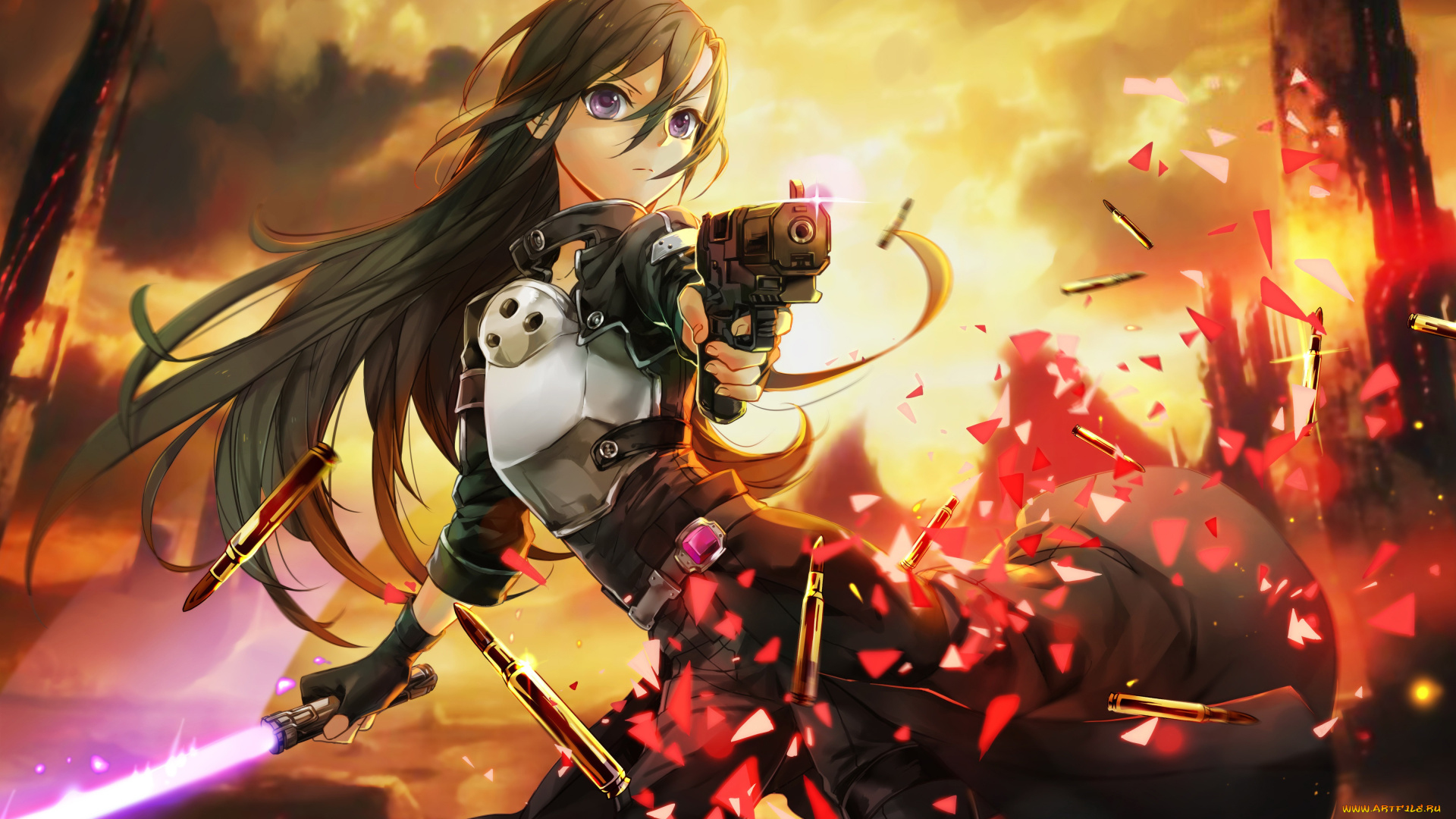 аниме, sword, art, online, hanshu, взгляд, брюнетка, девушка, арт, kirigaya, kazuto, оружие, патроны, осколки, пистолет, gun, gale, online, sword, art