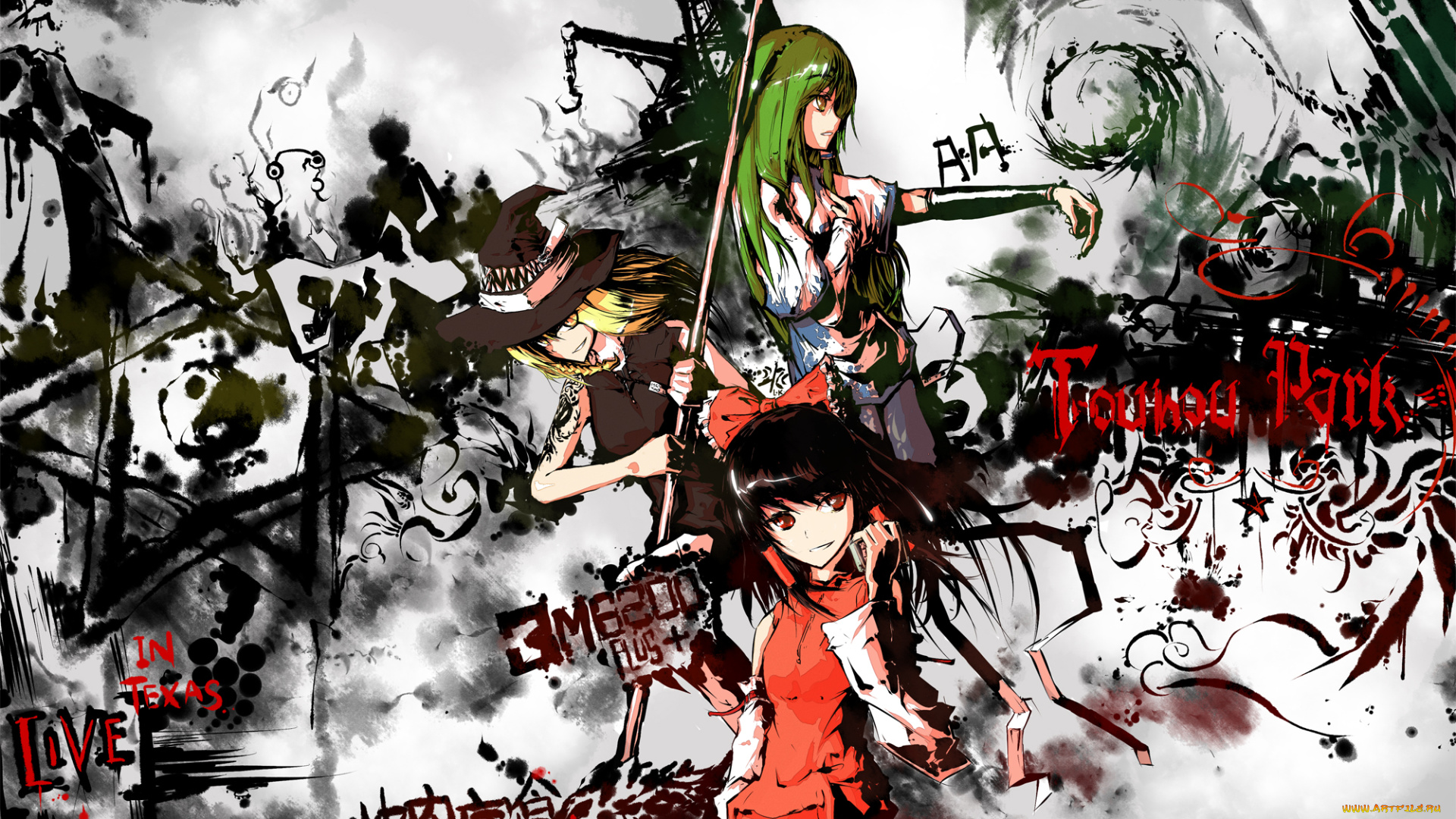 аниме, touhou, hakurei, reimu, lowlight, kirilenko, традиционная, одежда, kochiya, sanae, девушки, kirisame, marisa, лента, граффити, ведьма, шляпа