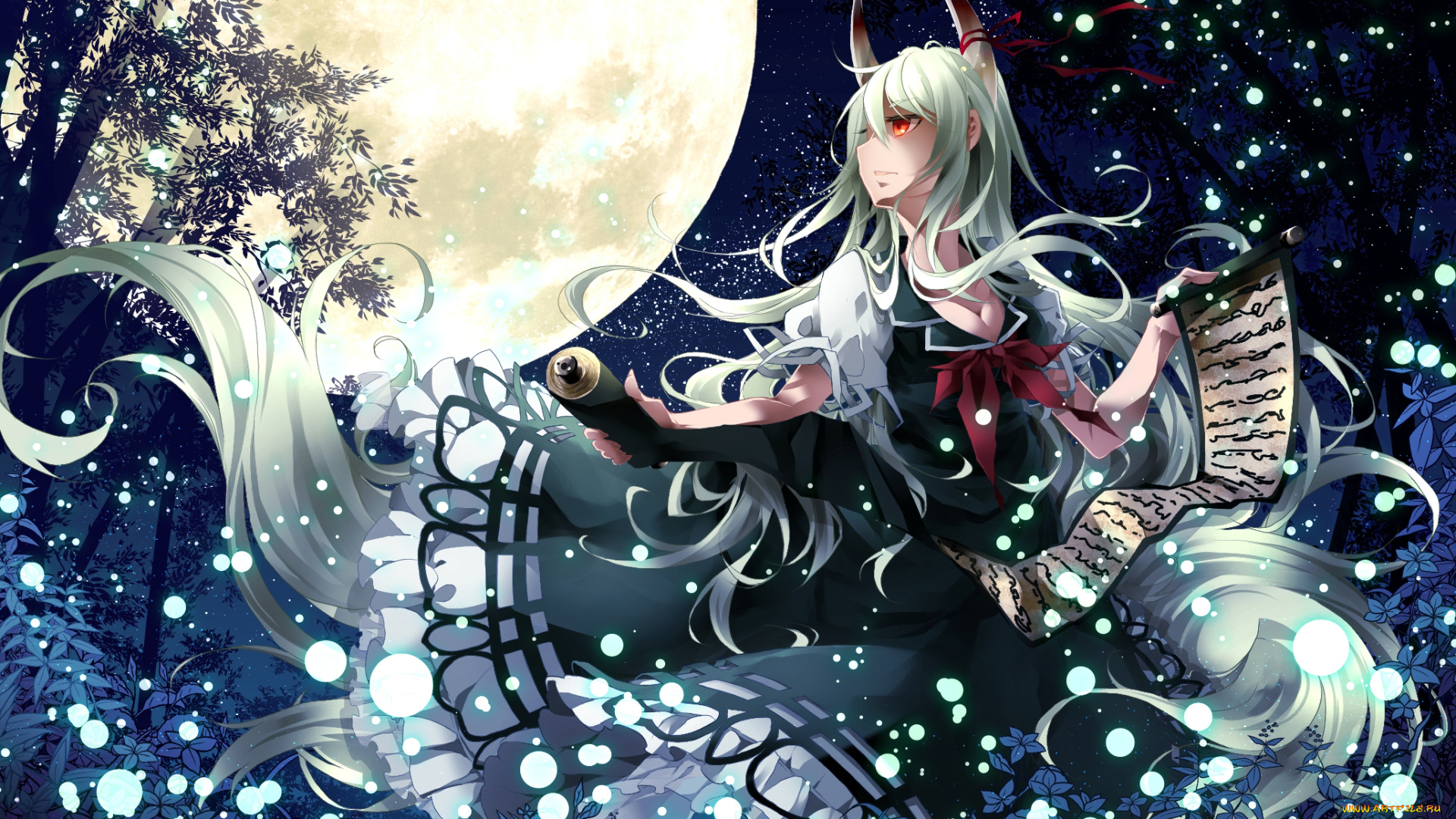 аниме, touhou, луна, свиток, демон, девушка, ночь, звезды