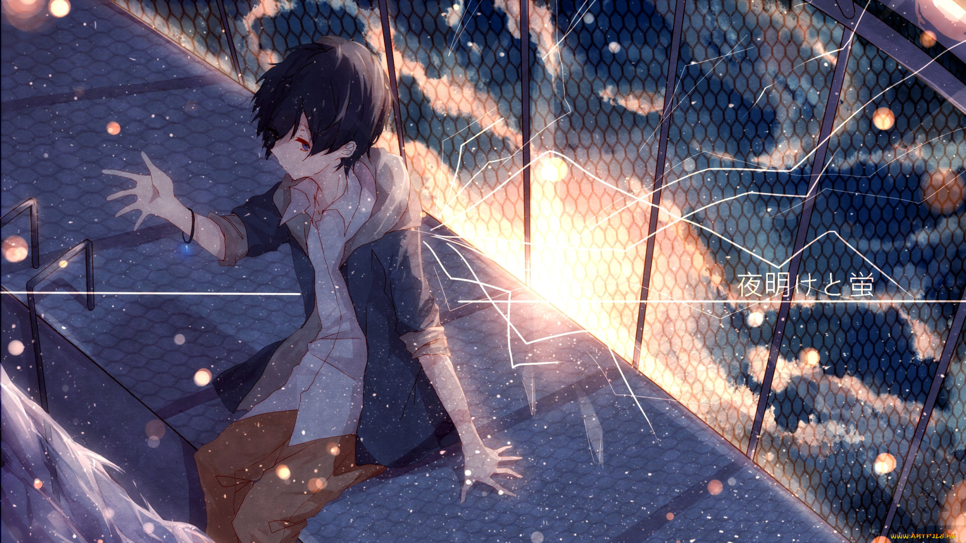 аниме, unknown, , другое, арт, chaoka, soraru, nico, singer, закат, парень, забор, солнце, небо, облака