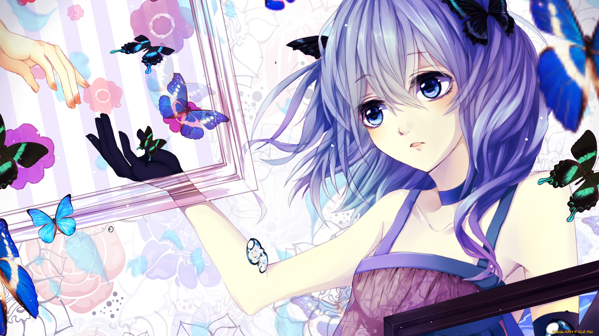 аниме, unknown, , другое, цветы, рамки, бабочки, девушка