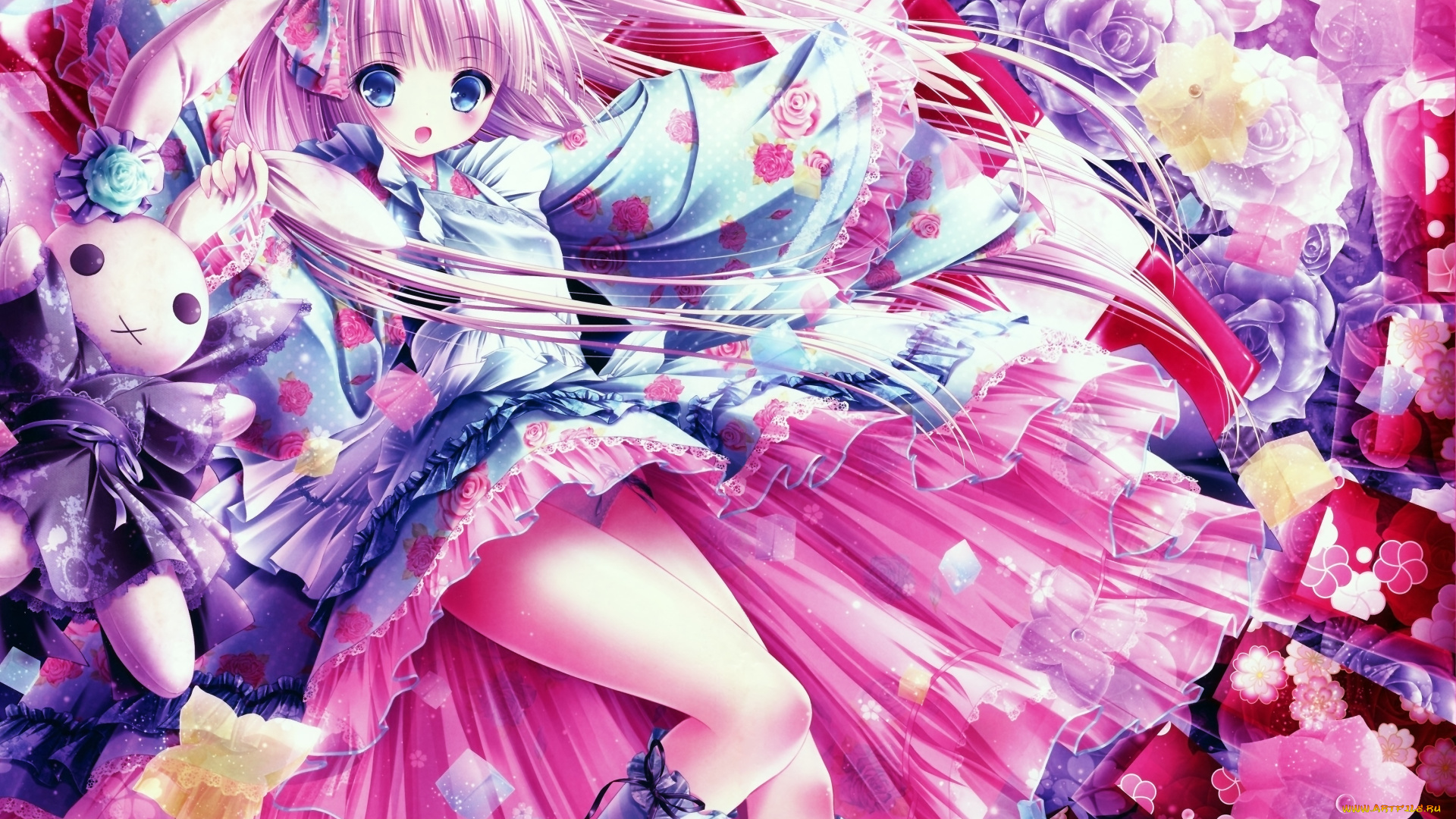 аниме, unknown, , другое, девушка, арт, tinkle, розы, взгляд, цветы