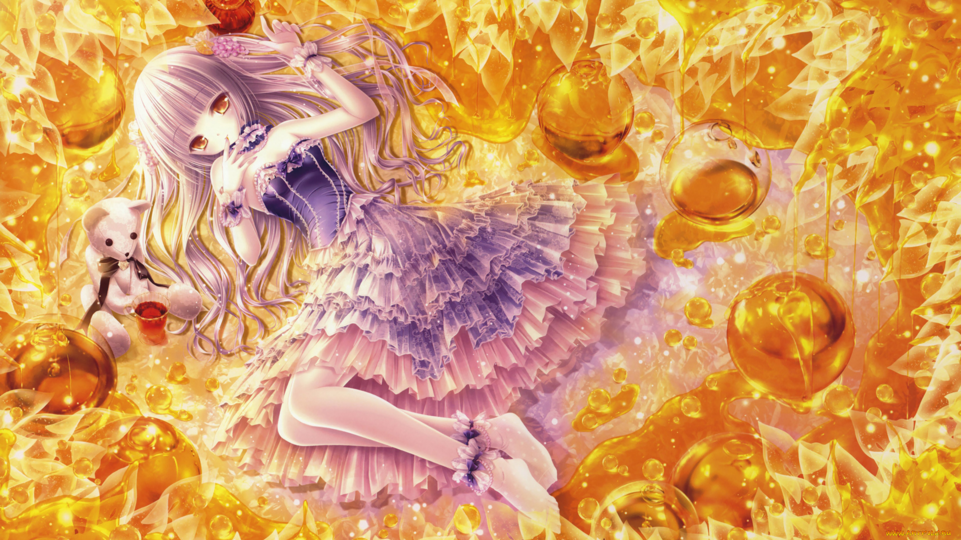 аниме, unknown, , другое, игрушка, мишка, сферы, шары, лежа, мёд, лоли, девочка, tinkle, tinkerbell, арт